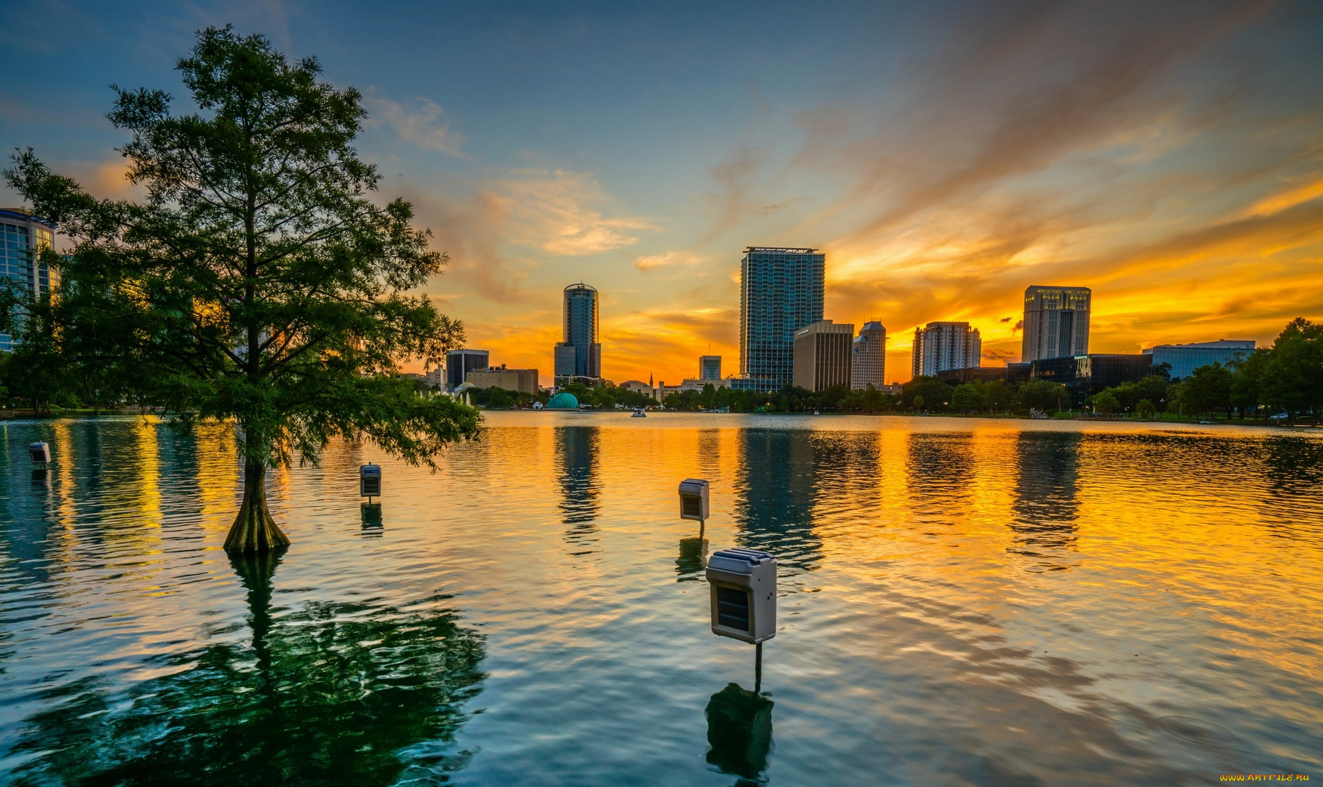 города, -, панорамы, водоем, деревья, небоскребы