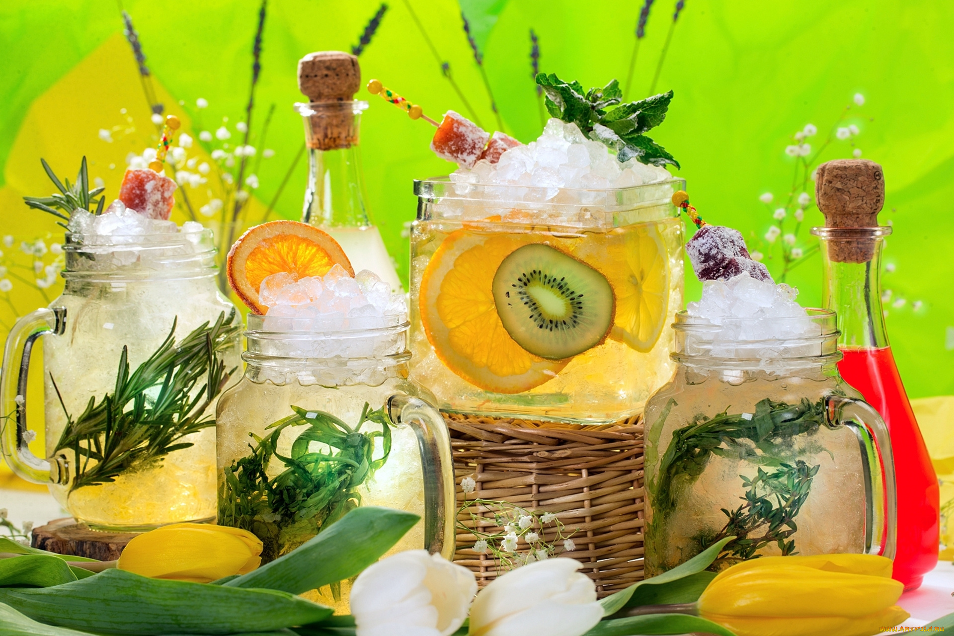 еда, натюрморт, лед, напитки, лимонад, апельсин, розмарин, киви, фрукты, лимон