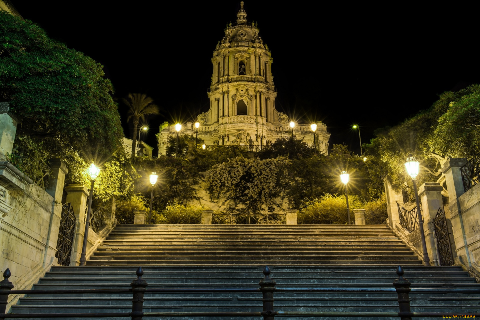 италия, города, -, огни, ночного, города, здание, ступени, фонари, ночь, деревья