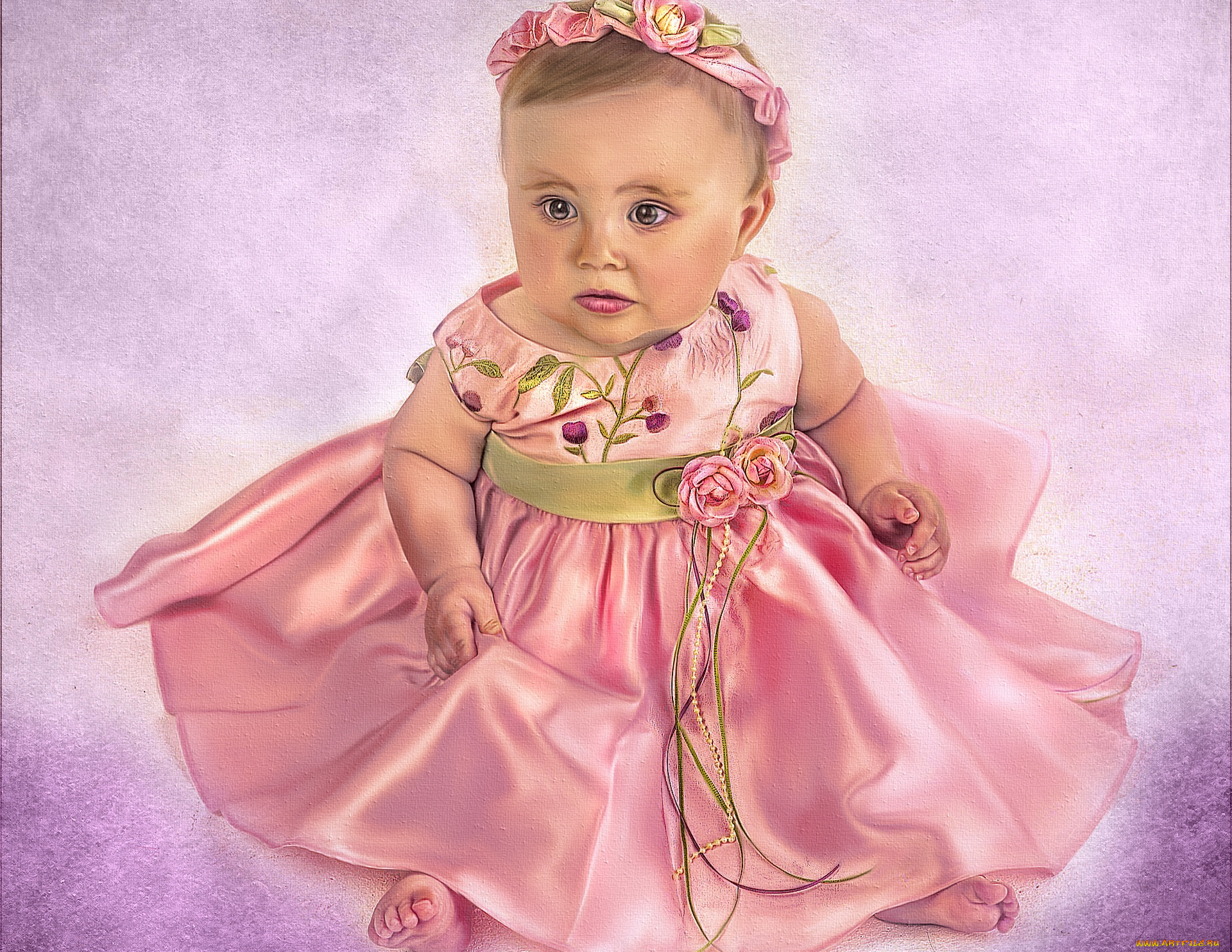 рисованное, дети, девочка, венок, нарядное, платье