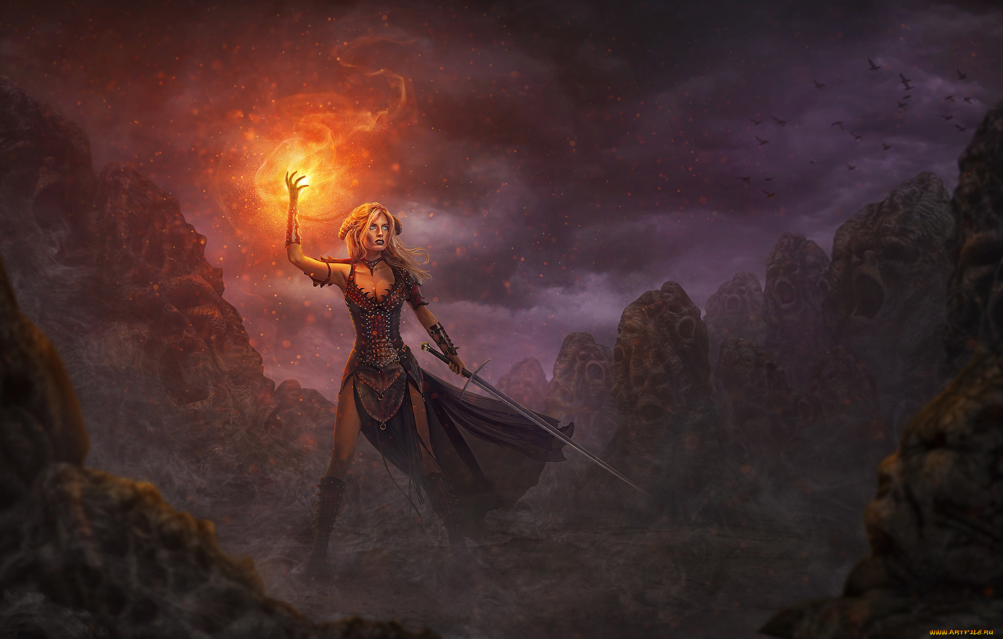 фэнтези, магия, девушка, арт, фон, оружие, меч, огонь