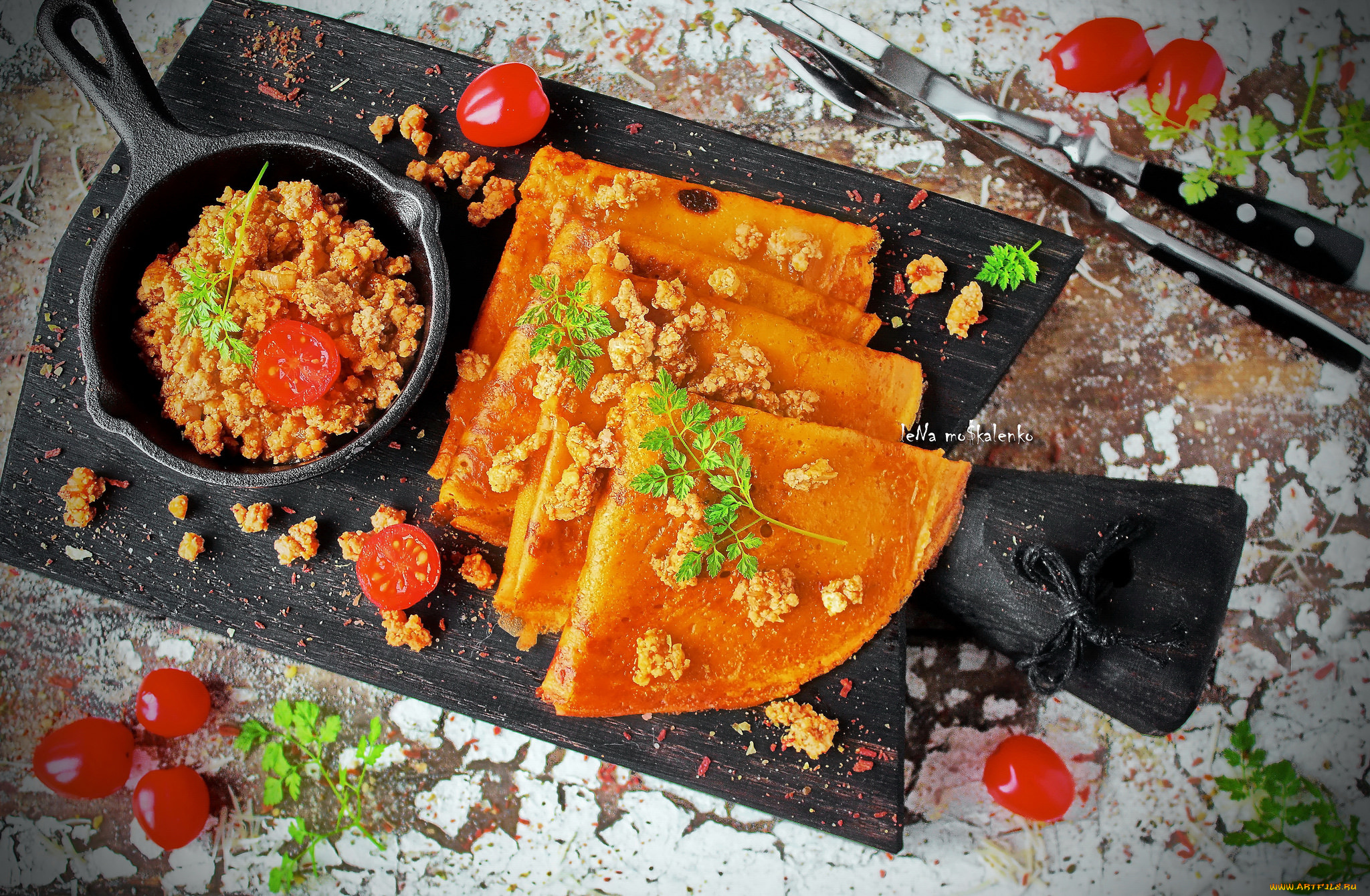 еда, блины, , оладьи, томат, зелень