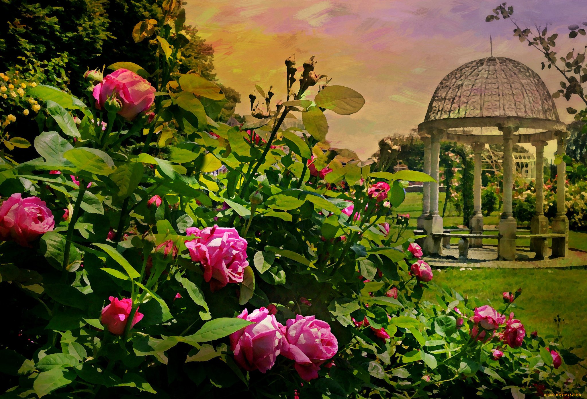 рисованное, цветы, картина, беседка, розы