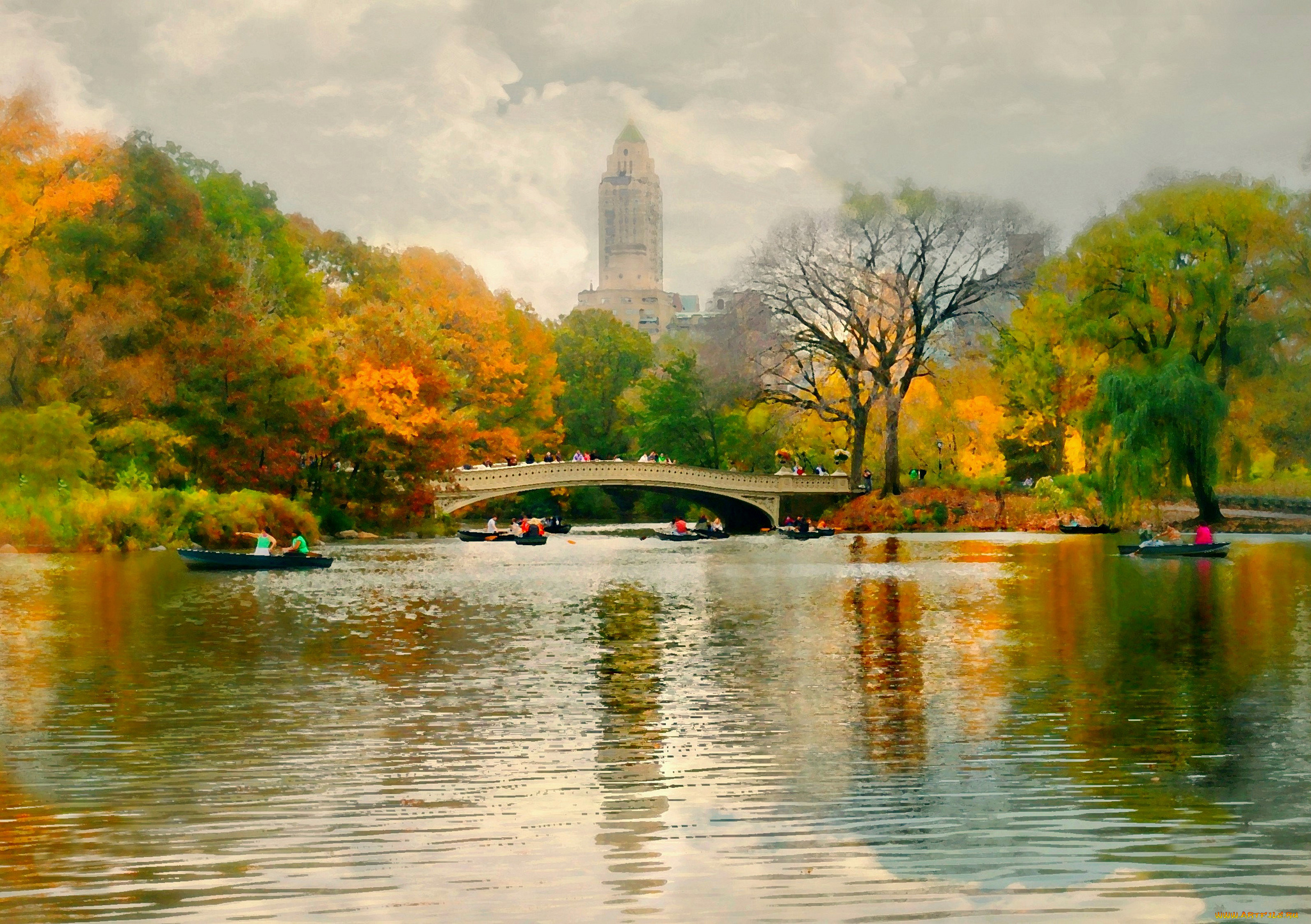 рисованное, города, мост, река, парк, город