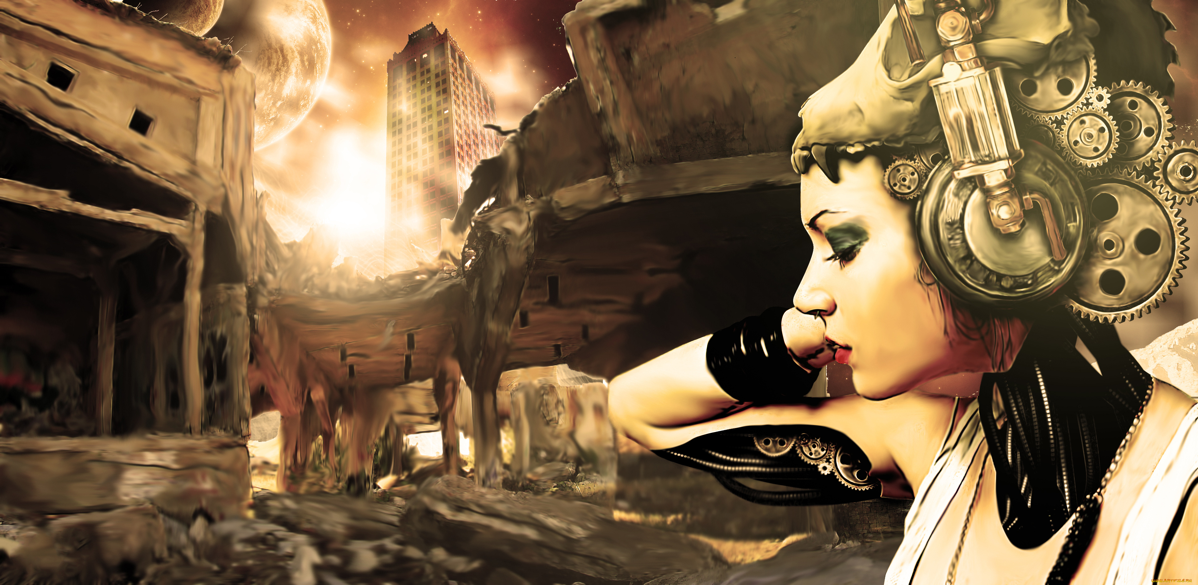 фэнтези, роботы, , киборги, , механизмы, фон, девушка, шестеренки