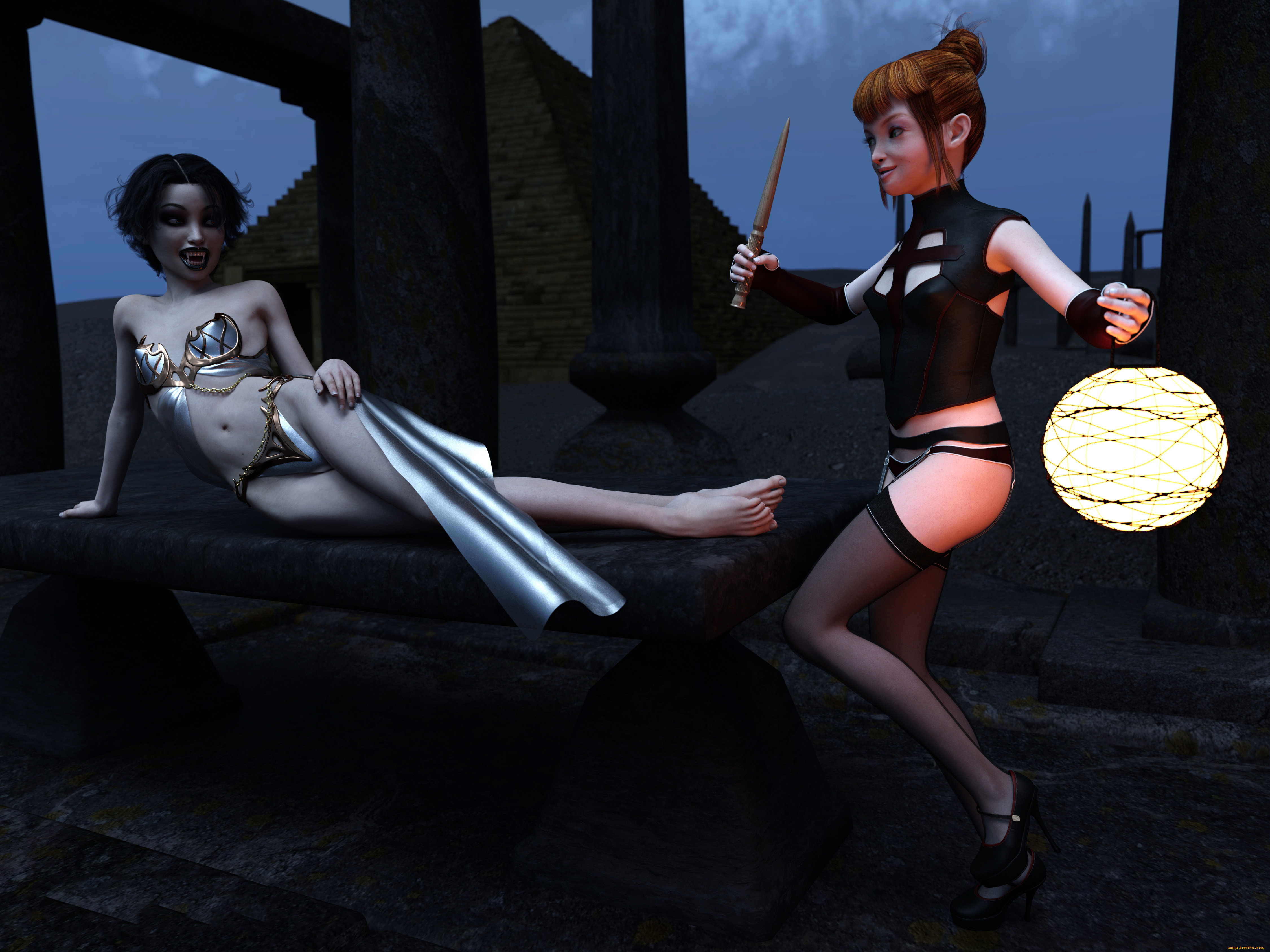 3д, графика, существа, , creatures, вампир, ночь, взгляд, фон, девушки