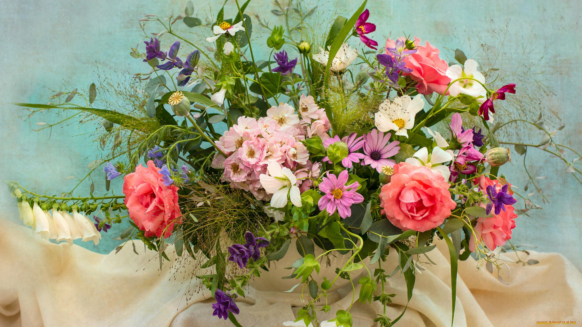 цветы, букеты, , композиции, полевые, букет, ваза, ткань