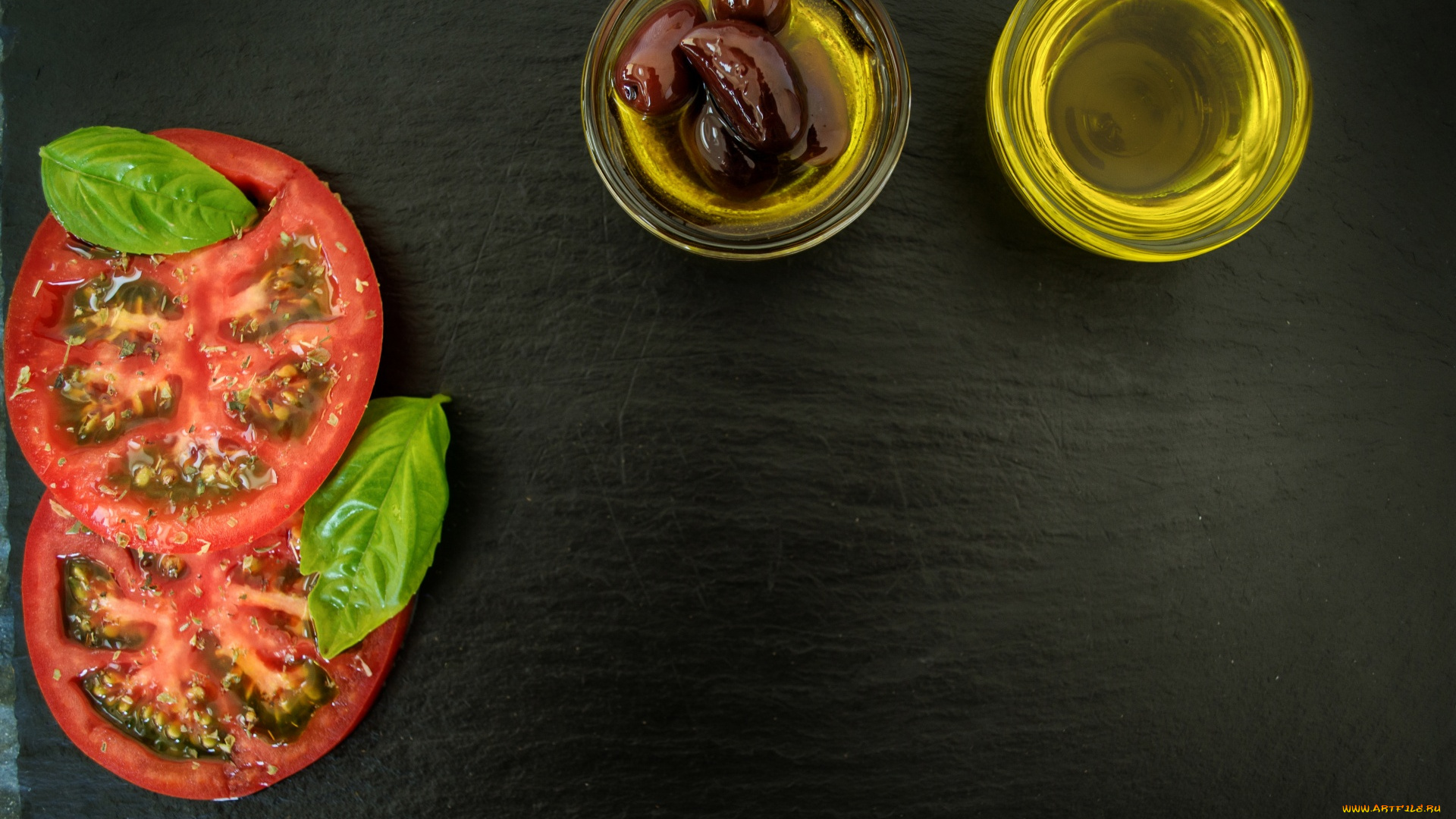 еда, помидоры, базилик, оливки, масло