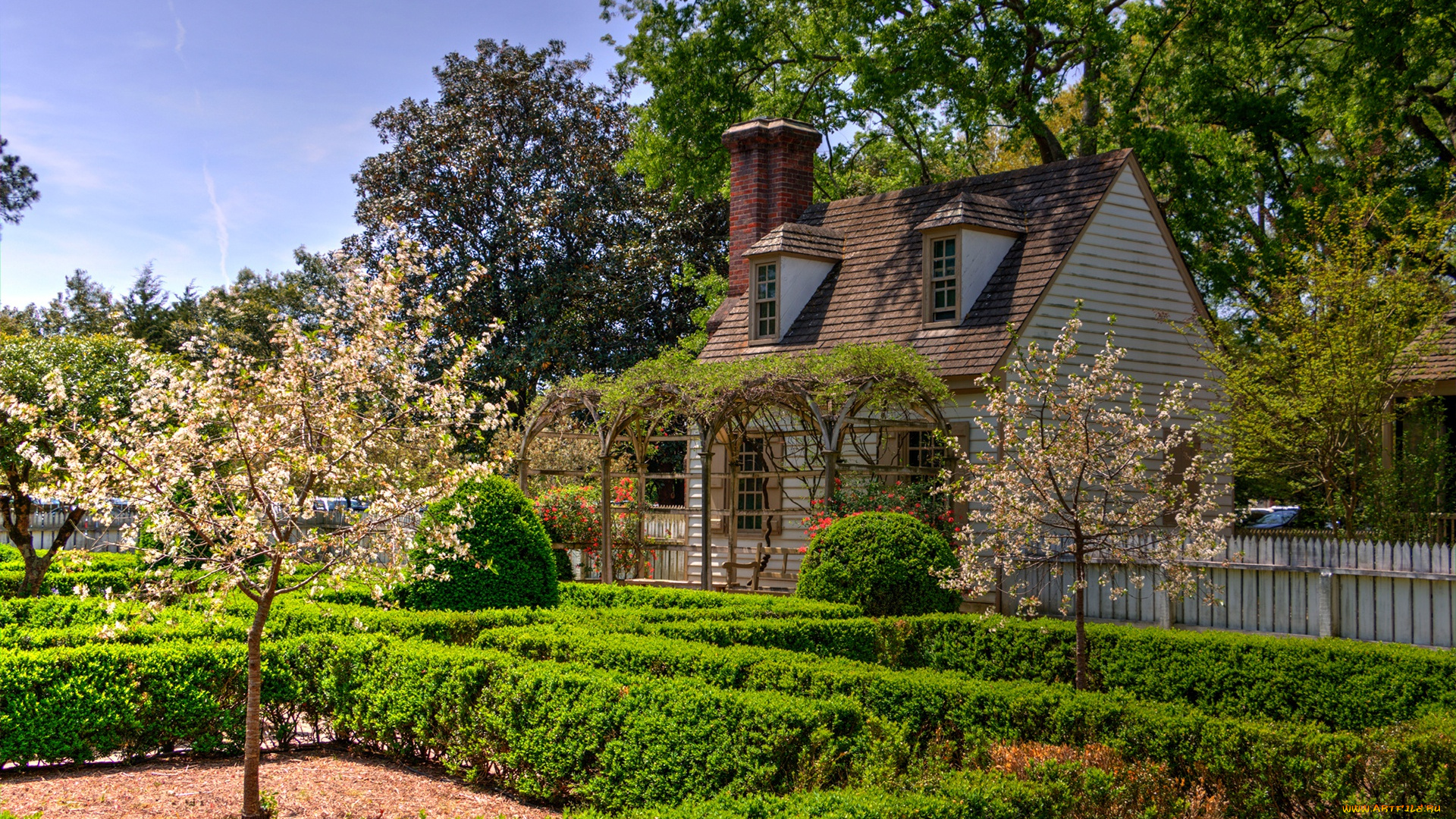 города, -, здания, , дома, забор, дом, дизайн, деревья, williamsburg, virginia, солнце, зелень, кусты, цветение, сша, сад, hdr