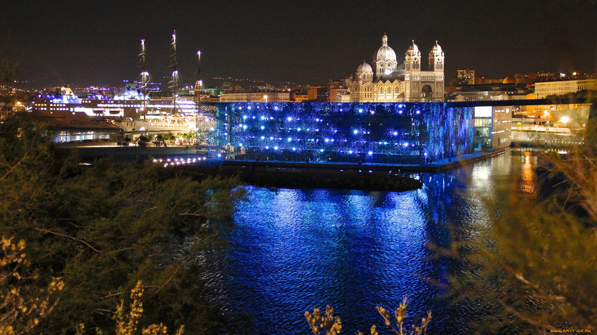 города, марсель, , франция, огни, вечер, река