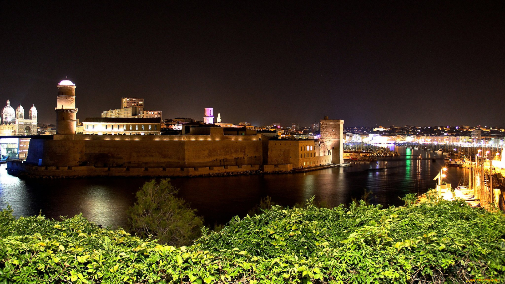 города, марсель, , франция, река, крепость, вечер, огни