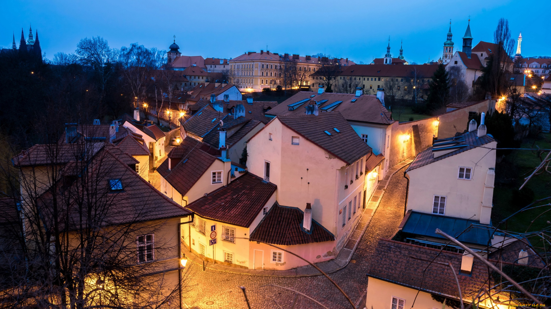 города, прага, , Чехия, вечер, огни, дома, панорама