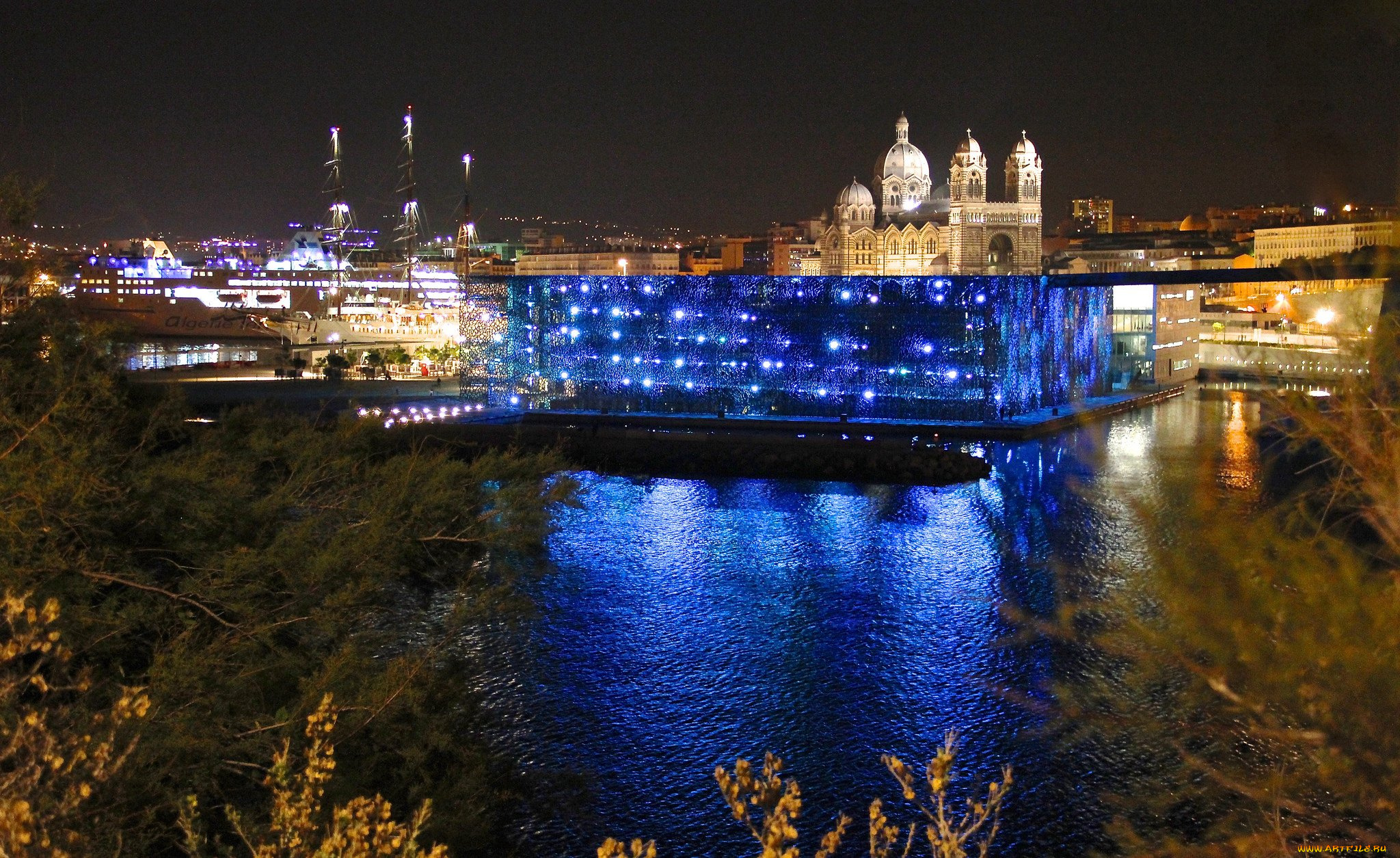 города, марсель, , франция, огни, вечер, река