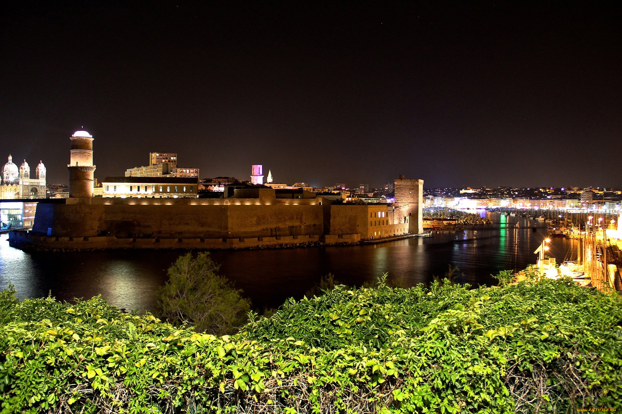 города, марсель, , франция, река, крепость, вечер, огни