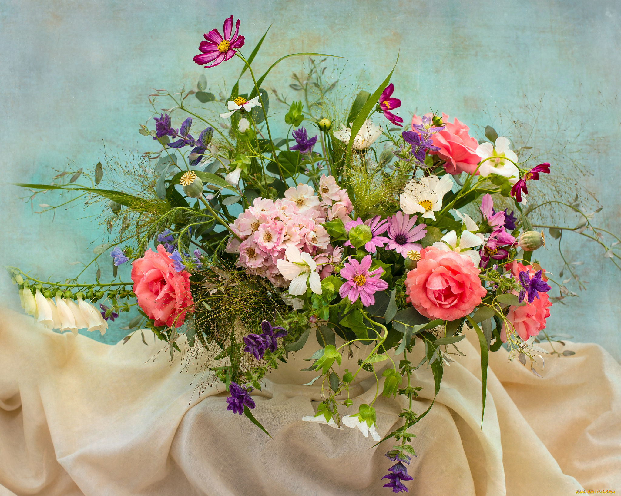 цветы, букеты, , композиции, полевые, букет, ваза, ткань