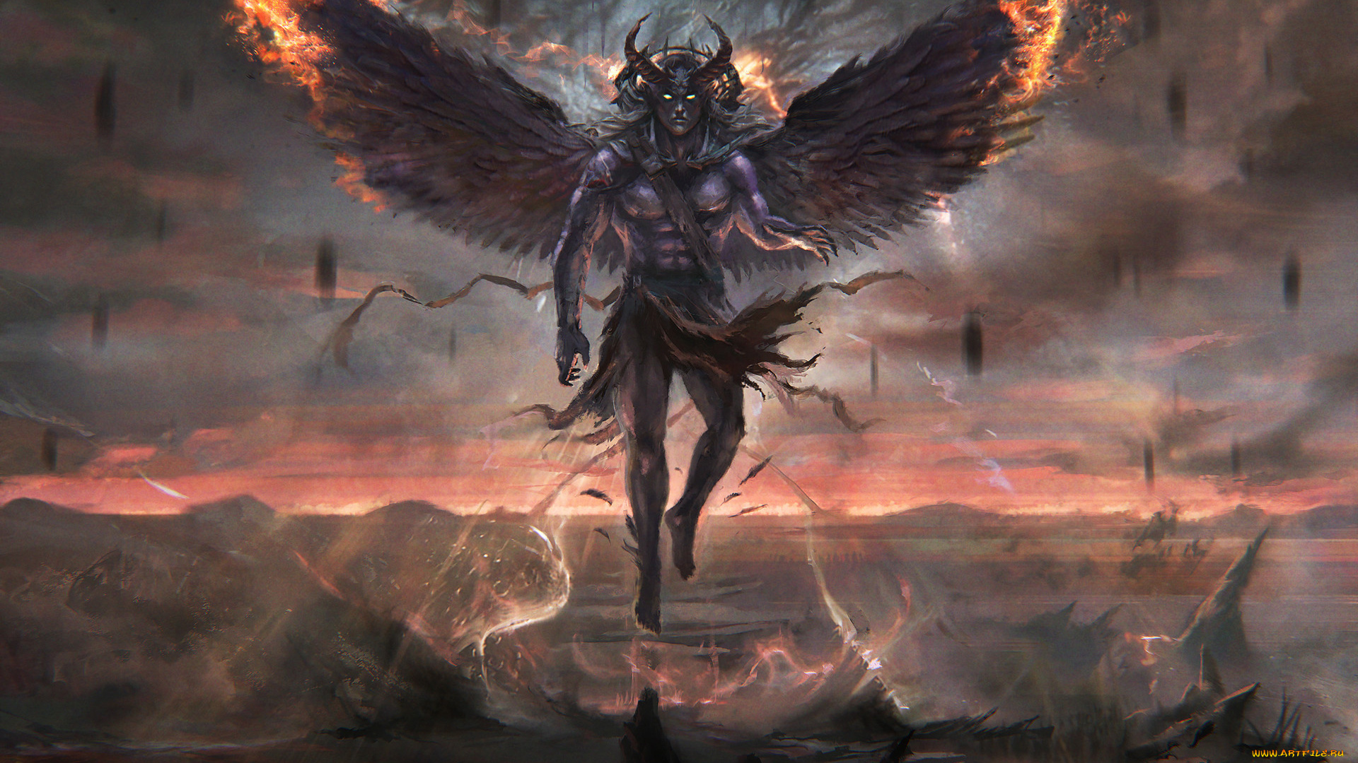 фэнтези, демоны, крылья, рога, фон, мужчина
