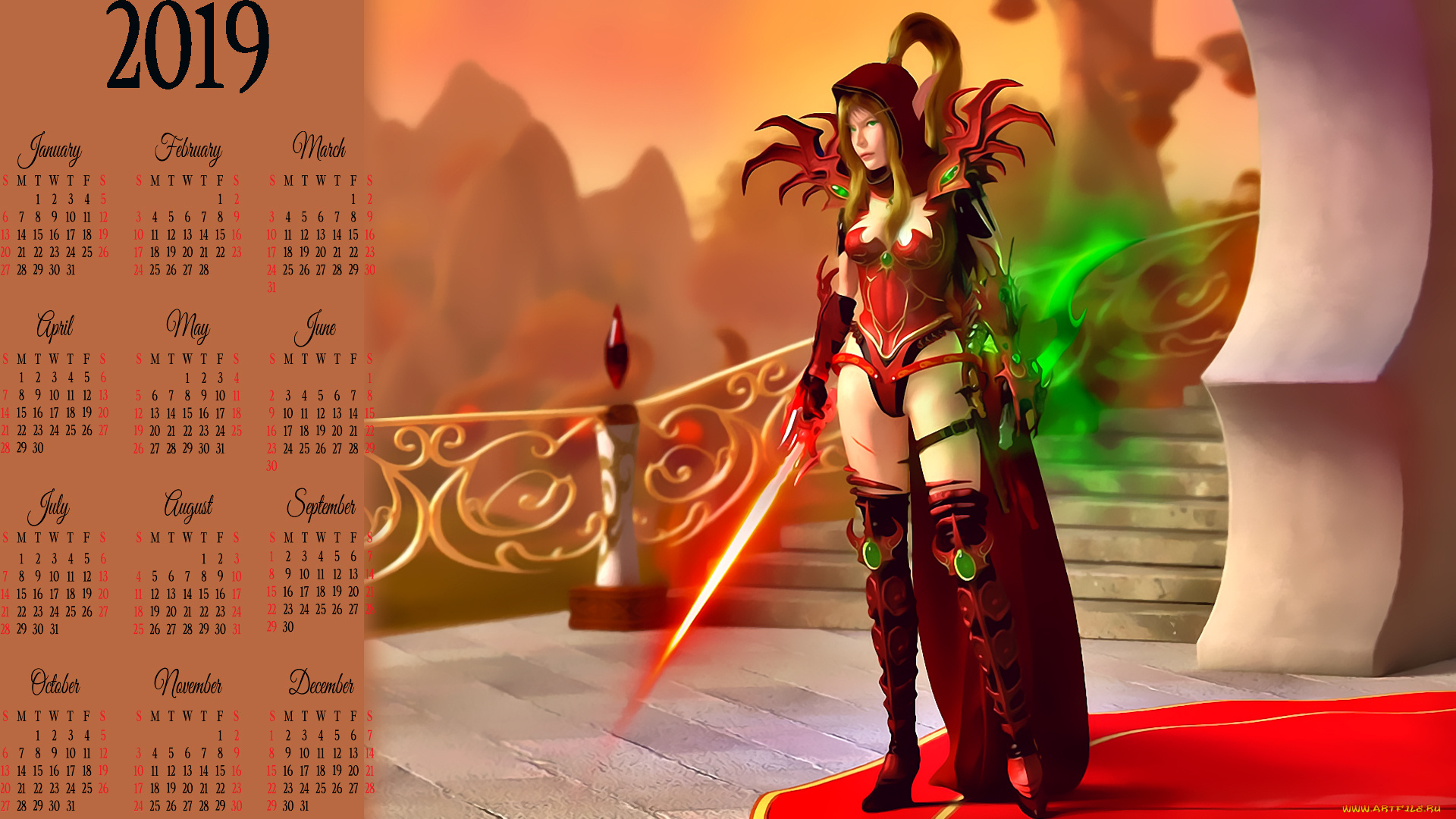 календари, фэнтези, 2019, calendar, лестница, женщина, стоит, оружие, девушка
