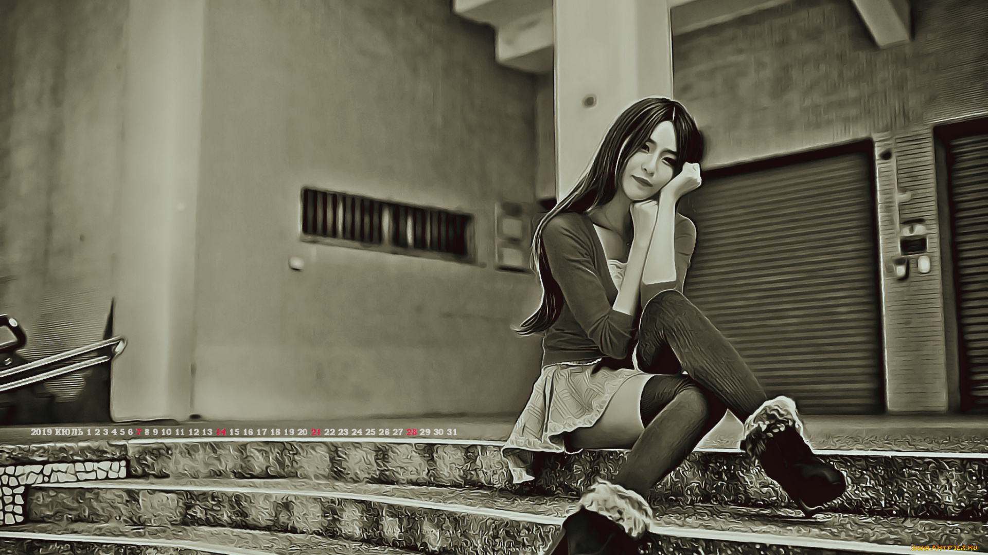 календари, компьютерный, дизайн, 2019, calendar, женщина, сидит, девушка, азиатка, ступени