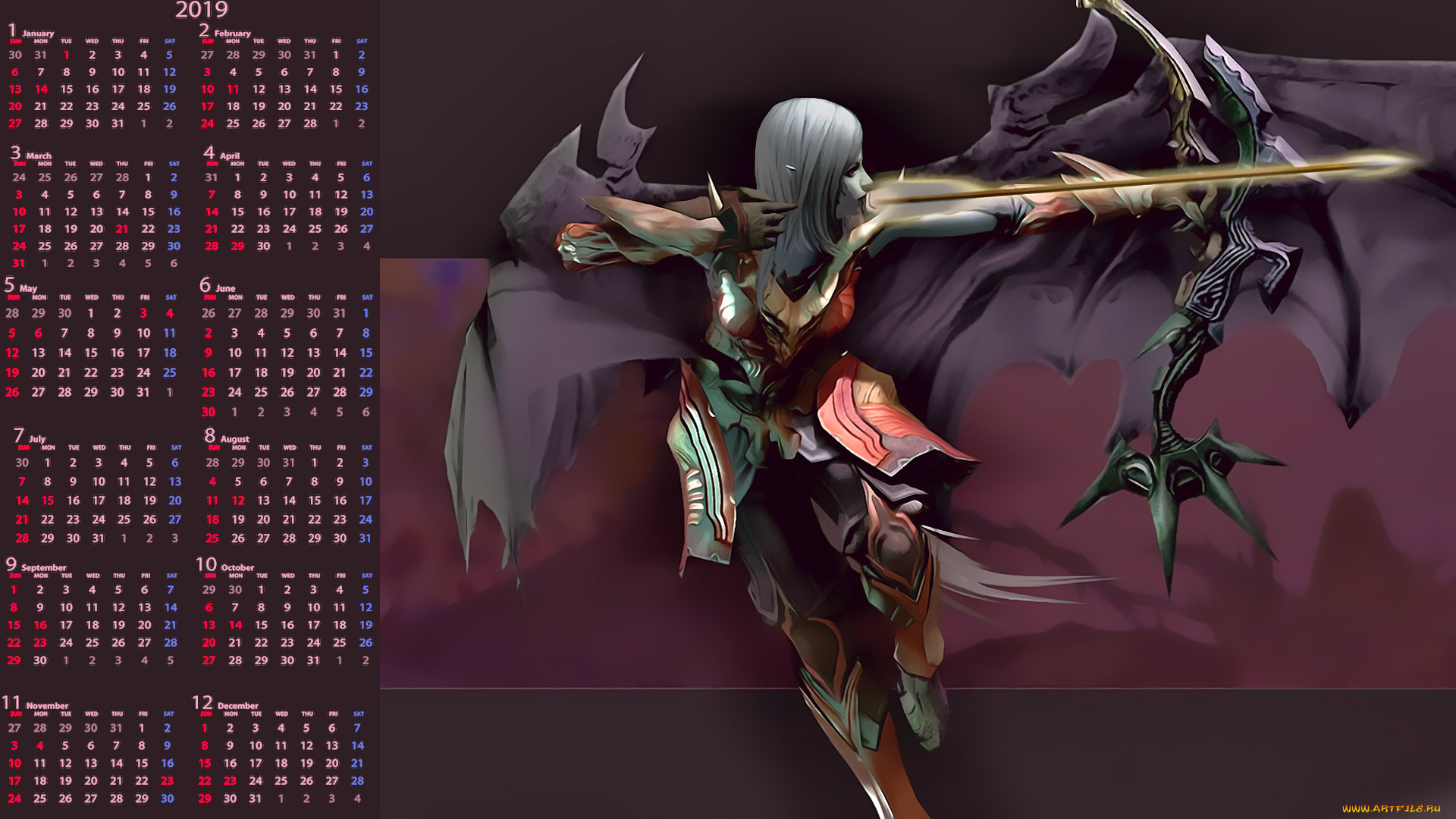 календари, видеоигры, женщина, 2019, лук, девушка, calendar, стрела, оружие, крылья
