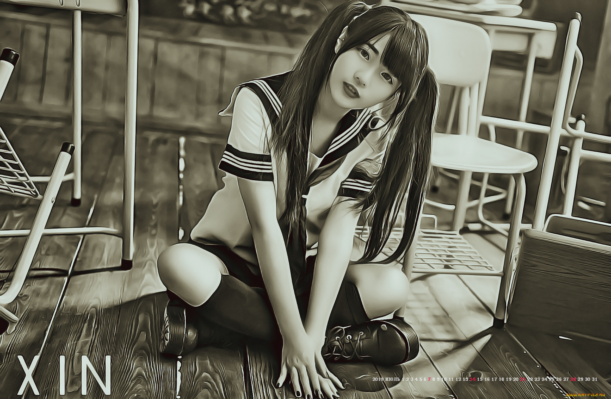 календари, компьютерный, дизайн, 2019, calendar, сидит, девушка, азиатка, униформа