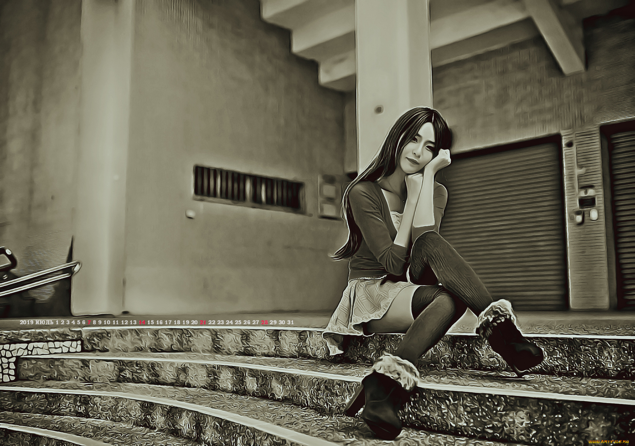 календари, компьютерный, дизайн, 2019, calendar, женщина, сидит, девушка, азиатка, ступени