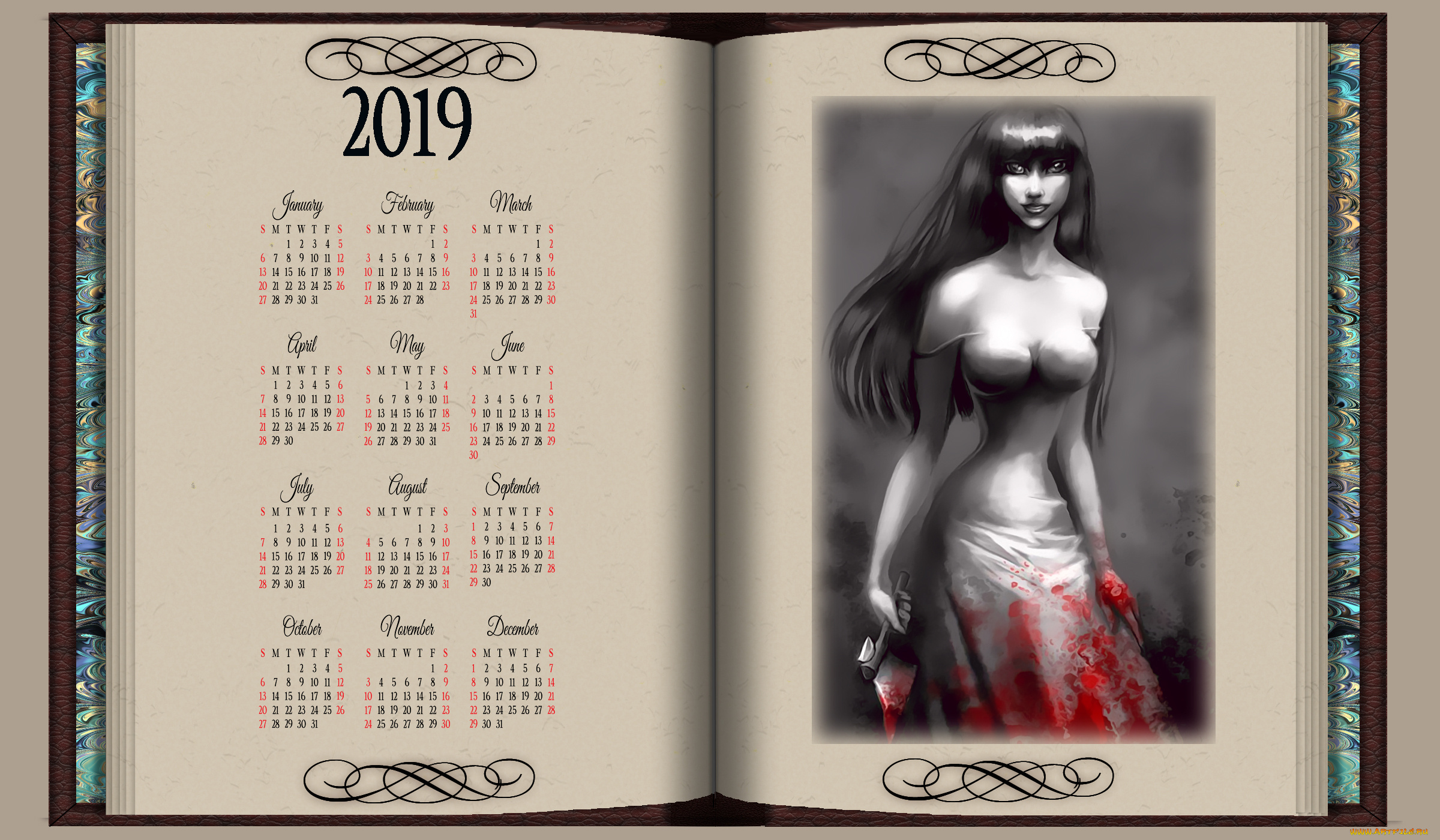 календари, фэнтези, 2019, calendar, женщина, книга, топор, девушка, кровь