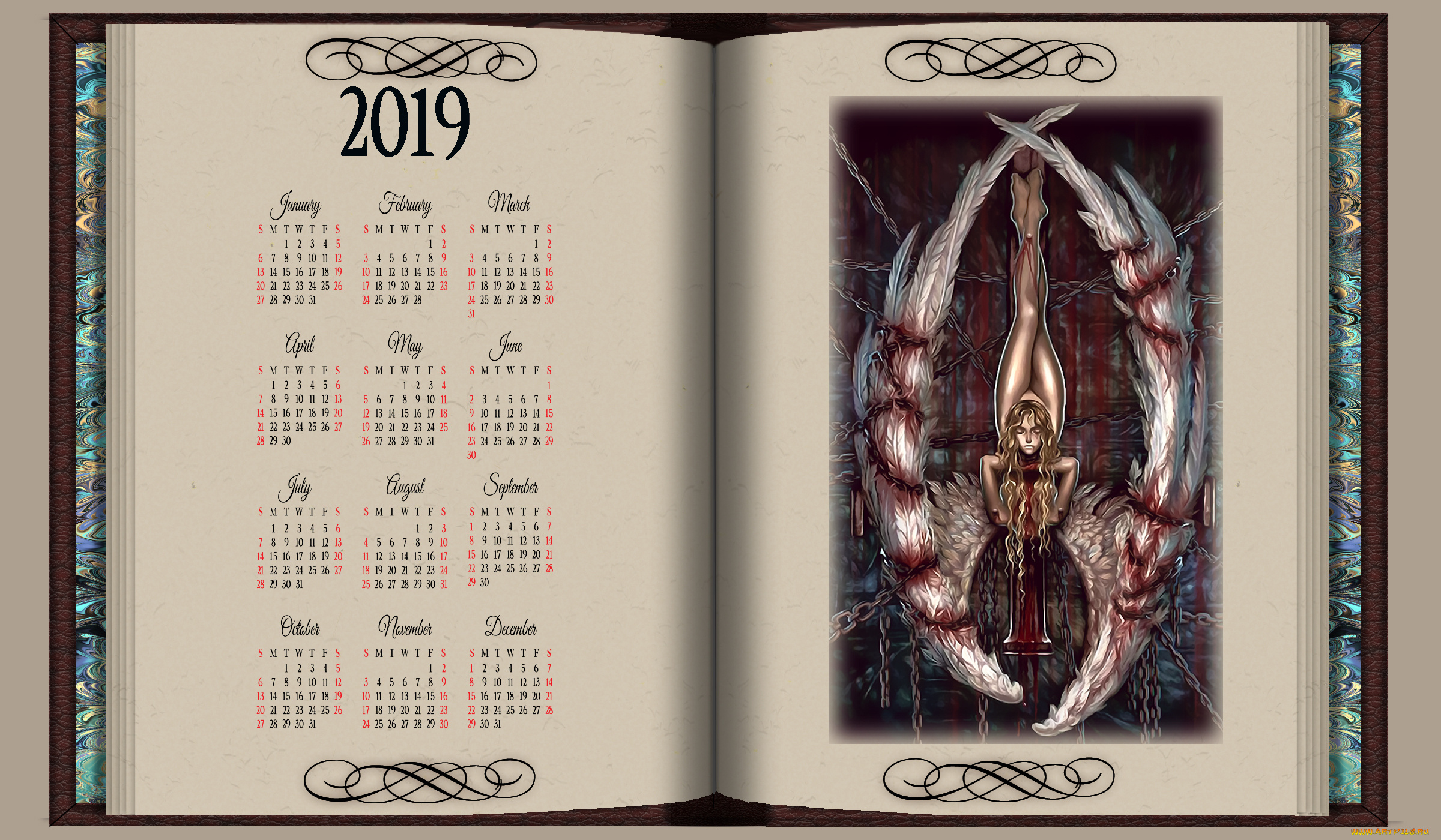 календари, фэнтези, 2019, женщина, calendar, девушка, книга, крылья