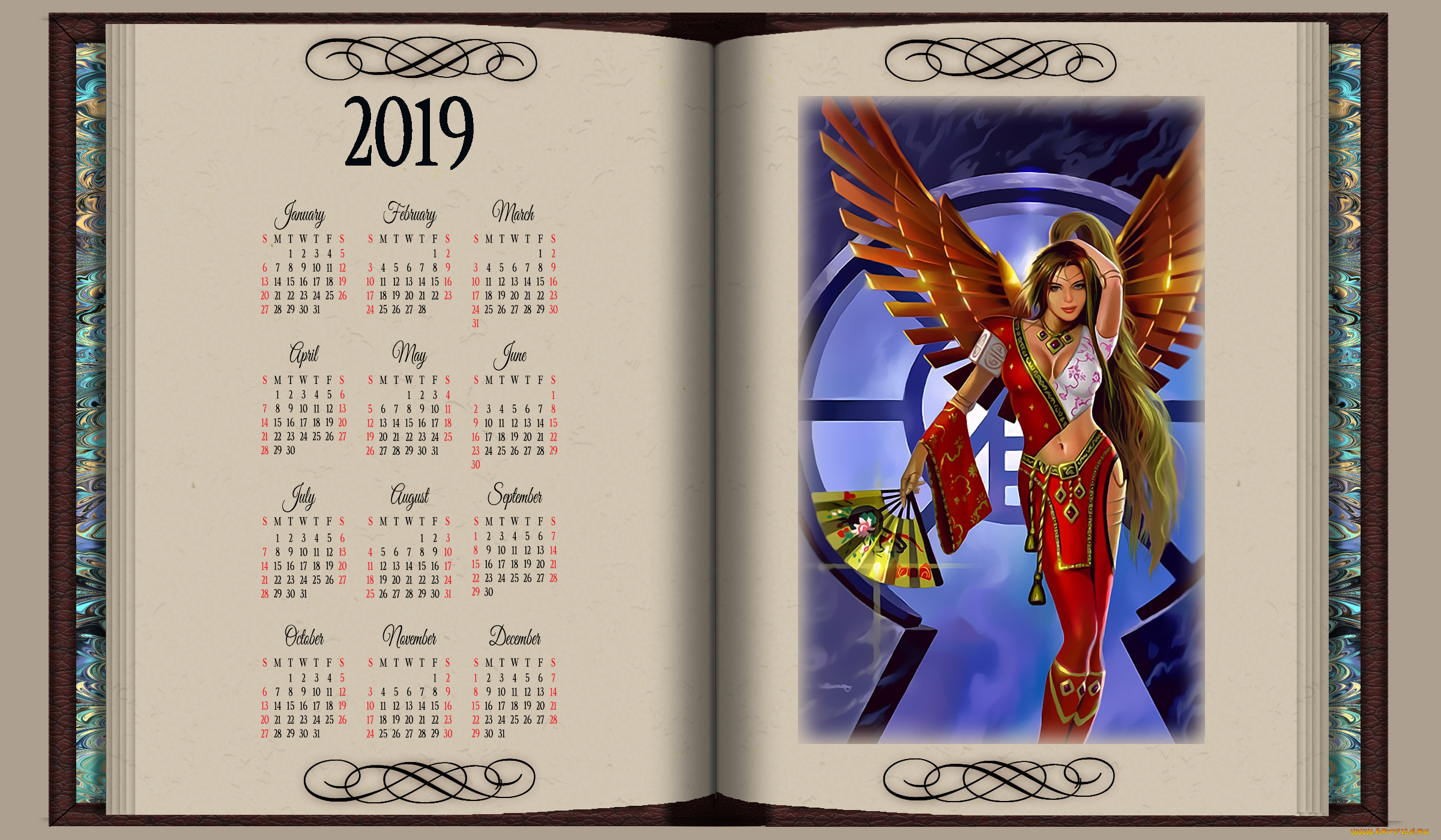 календари, фэнтези, calendar, женщина, веер, крылья, девушка, 2019, книга