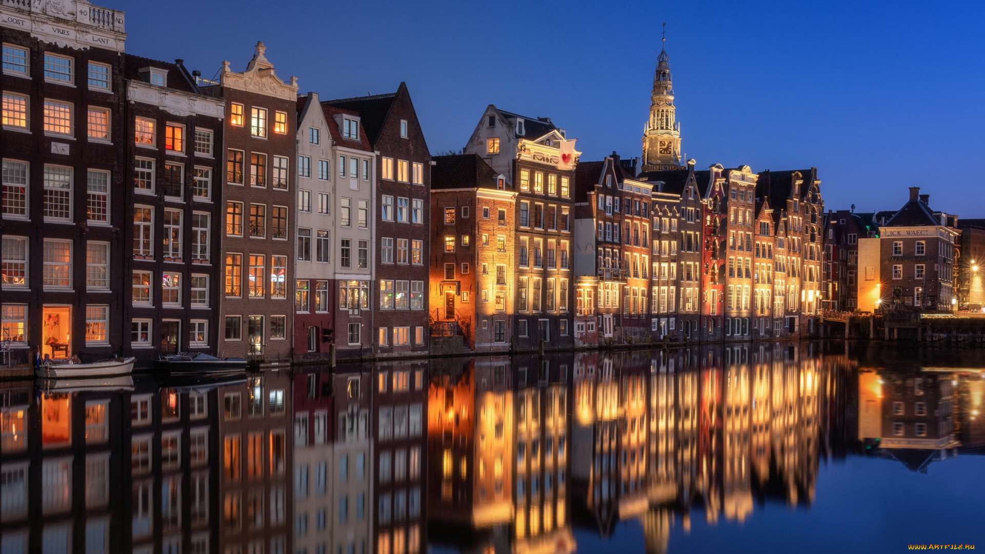 города, амстердам, , нидерланды, канал, вечер, огни