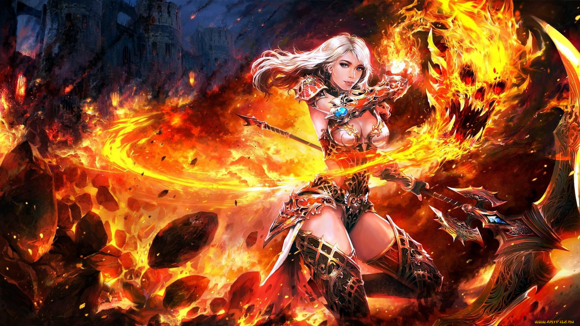 видео, игры, perfect, world, , total, war, девушка, копье, огонь, магия, камни