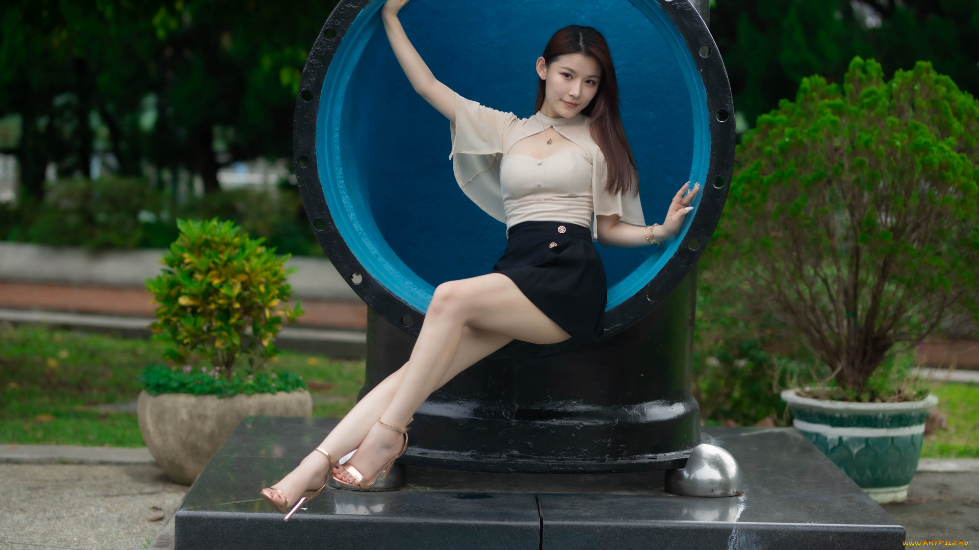 девушки, -, азиатки, модель, женщины, длинные, волосы, темные, сидя