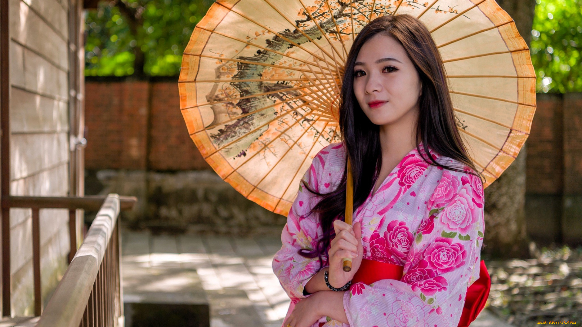 девушки, -, азиатки, шатенка, кимоно, зонт, дом