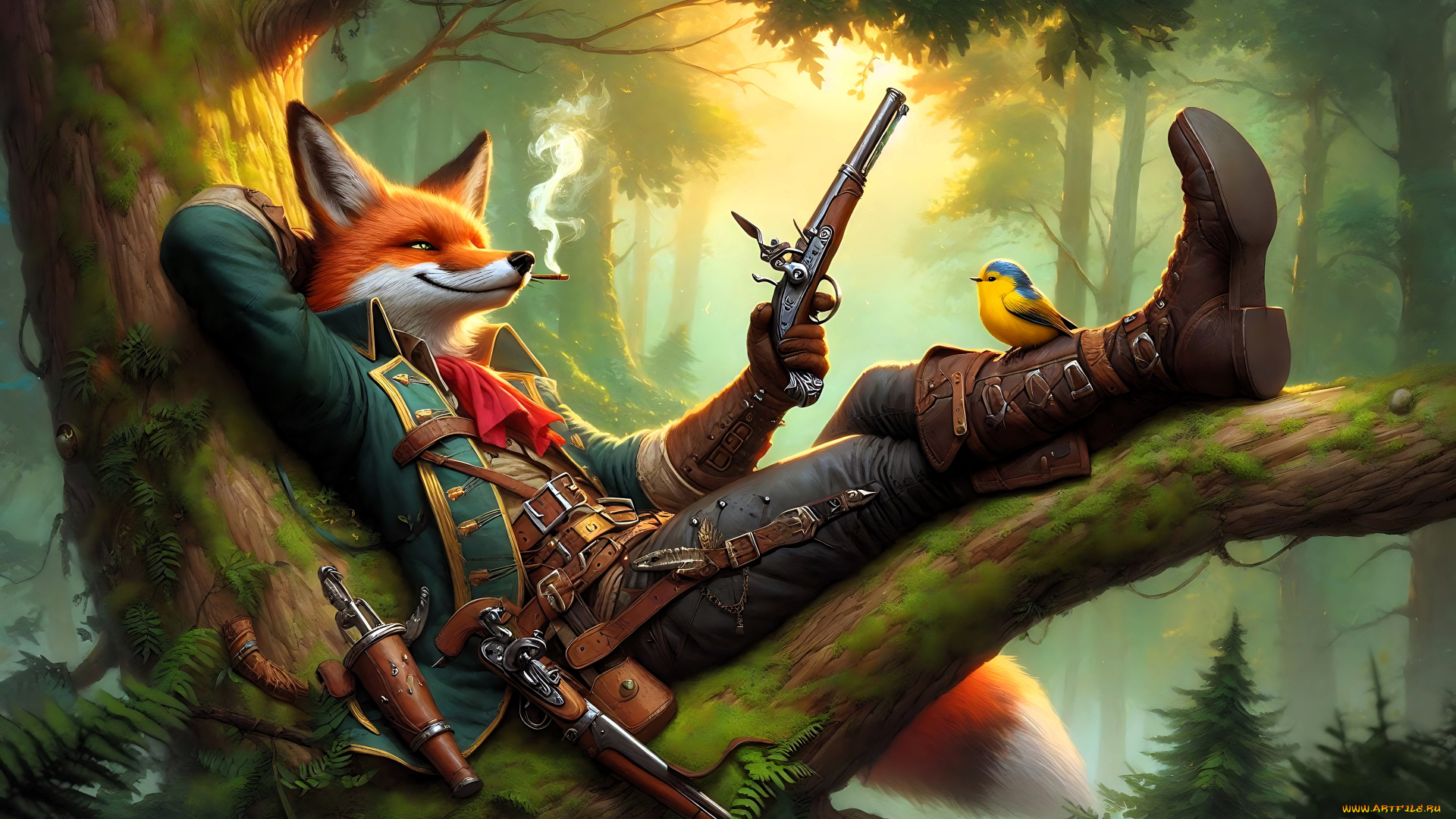 фэнтези, существа, лис, костюм, оружие, сигарета, птица, лес, дерево