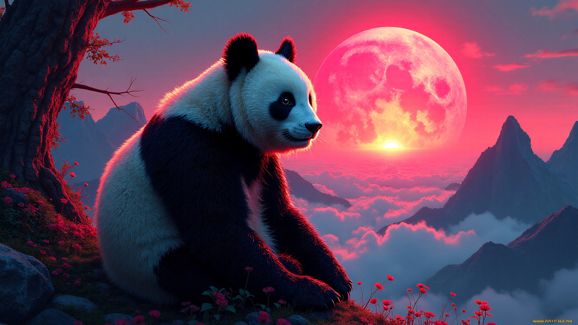 разное, компьютерный, дизайн, панда, дерево, цветы, горы, закат, облака