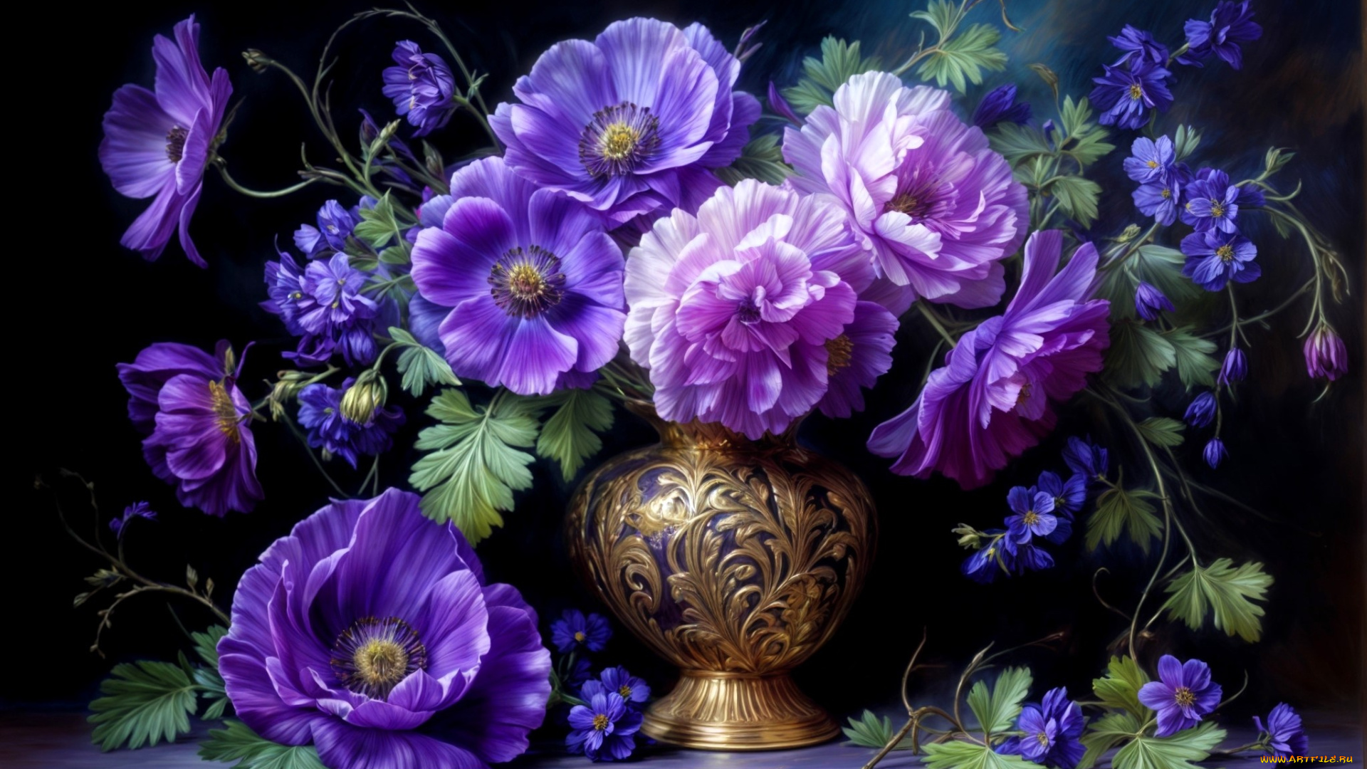 рисованное, цветы, букет, ваза