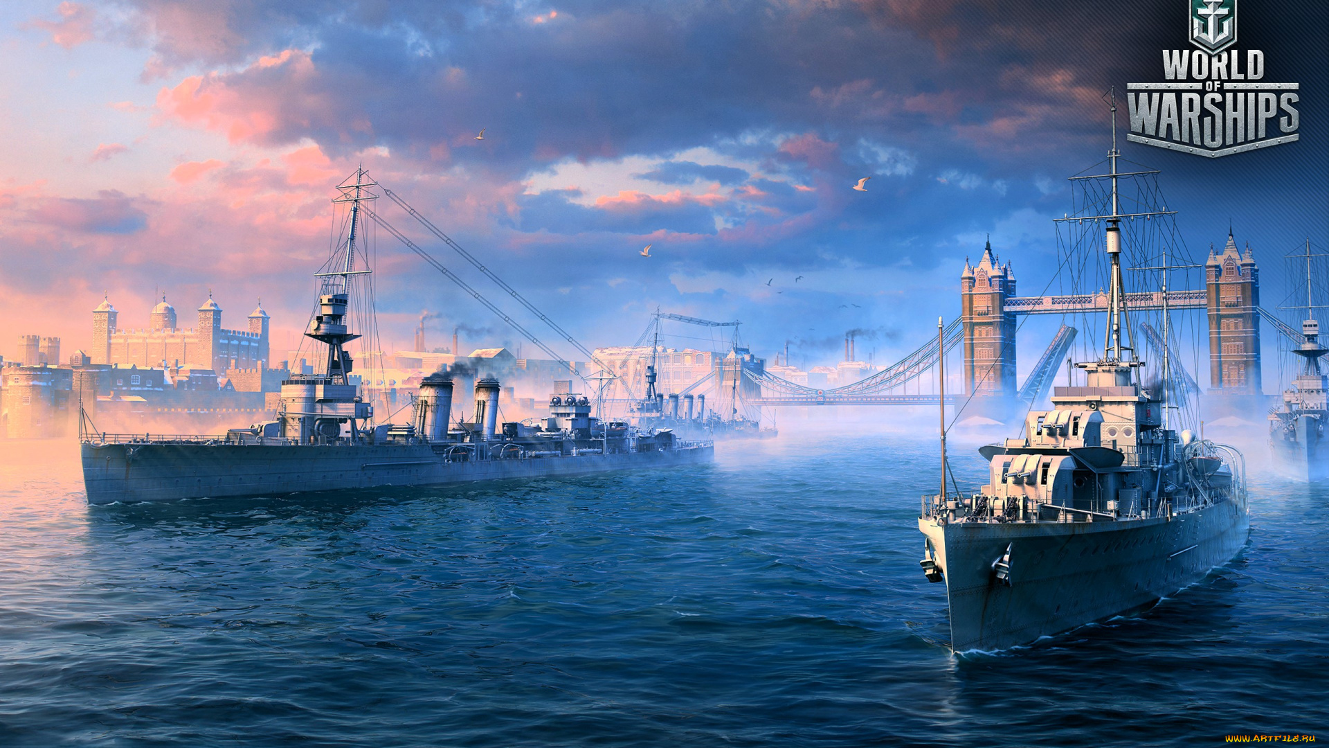 видео, игры, world, of, warships, корабли, море, англия, мост, здания