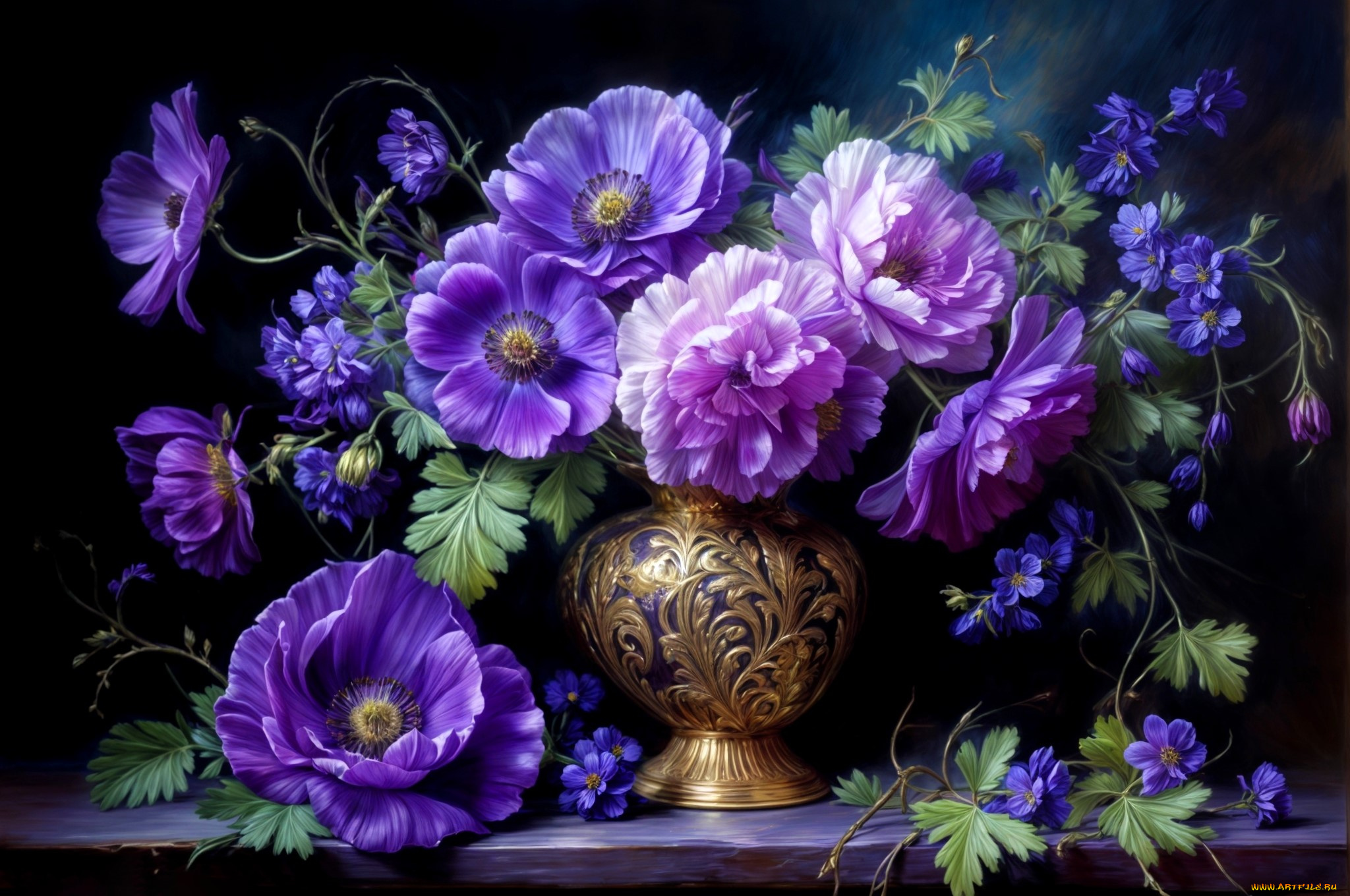 рисованное, цветы, букет, ваза