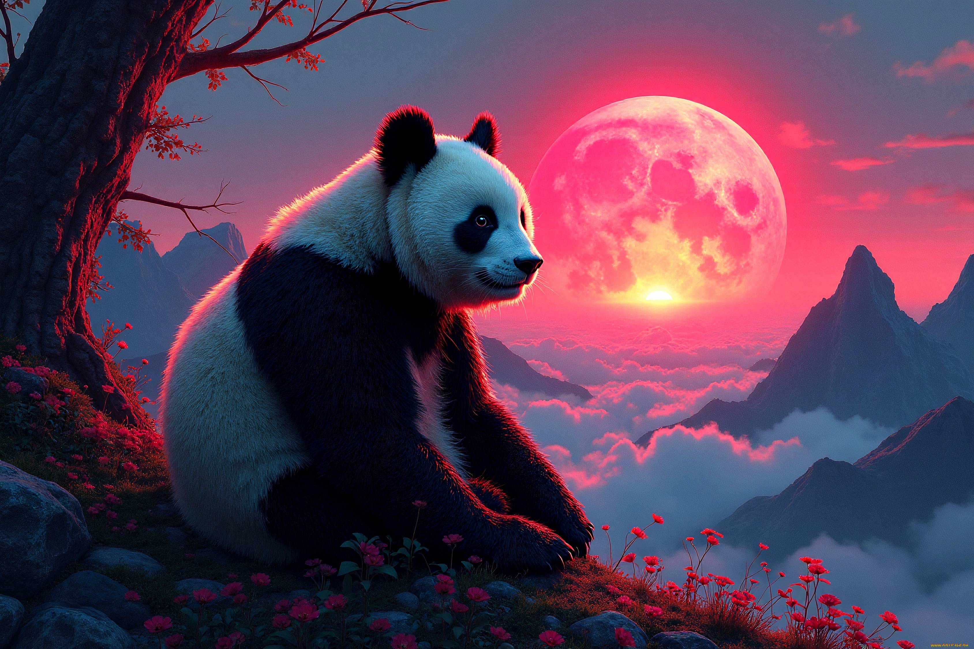 разное, компьютерный, дизайн, панда, дерево, цветы, горы, закат, облака