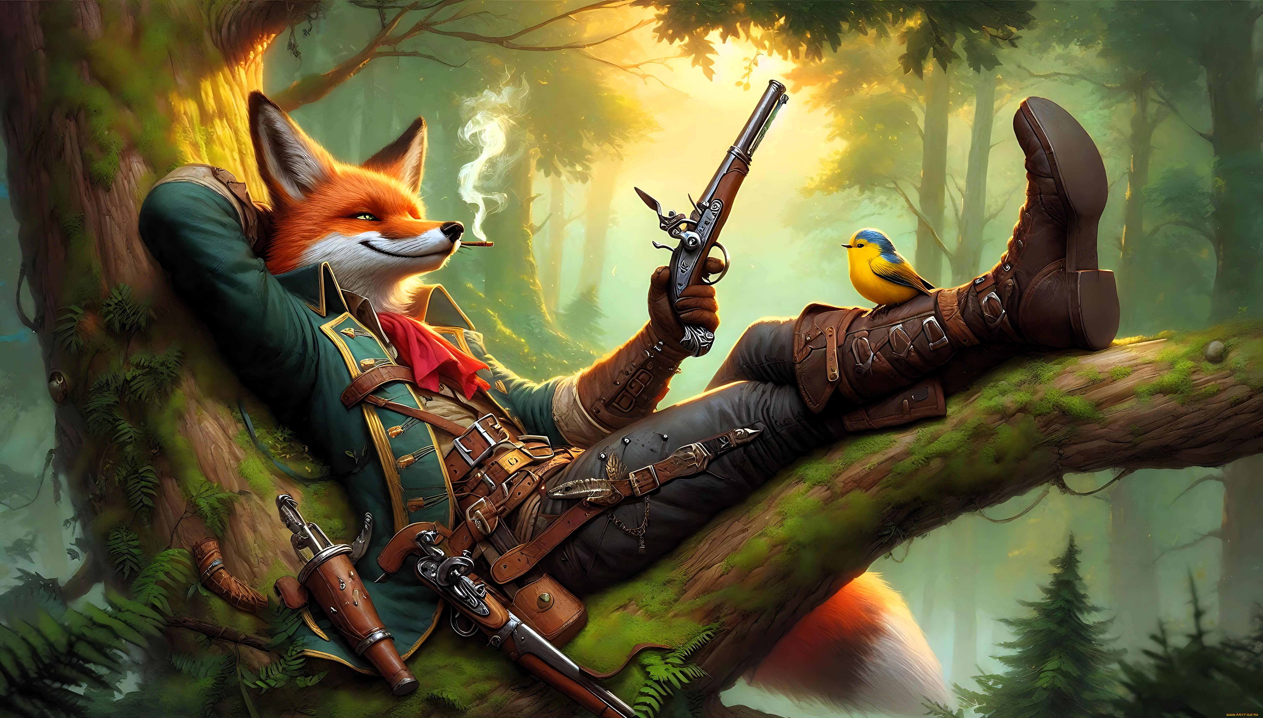 фэнтези, существа, лис, костюм, оружие, сигарета, птица, лес, дерево