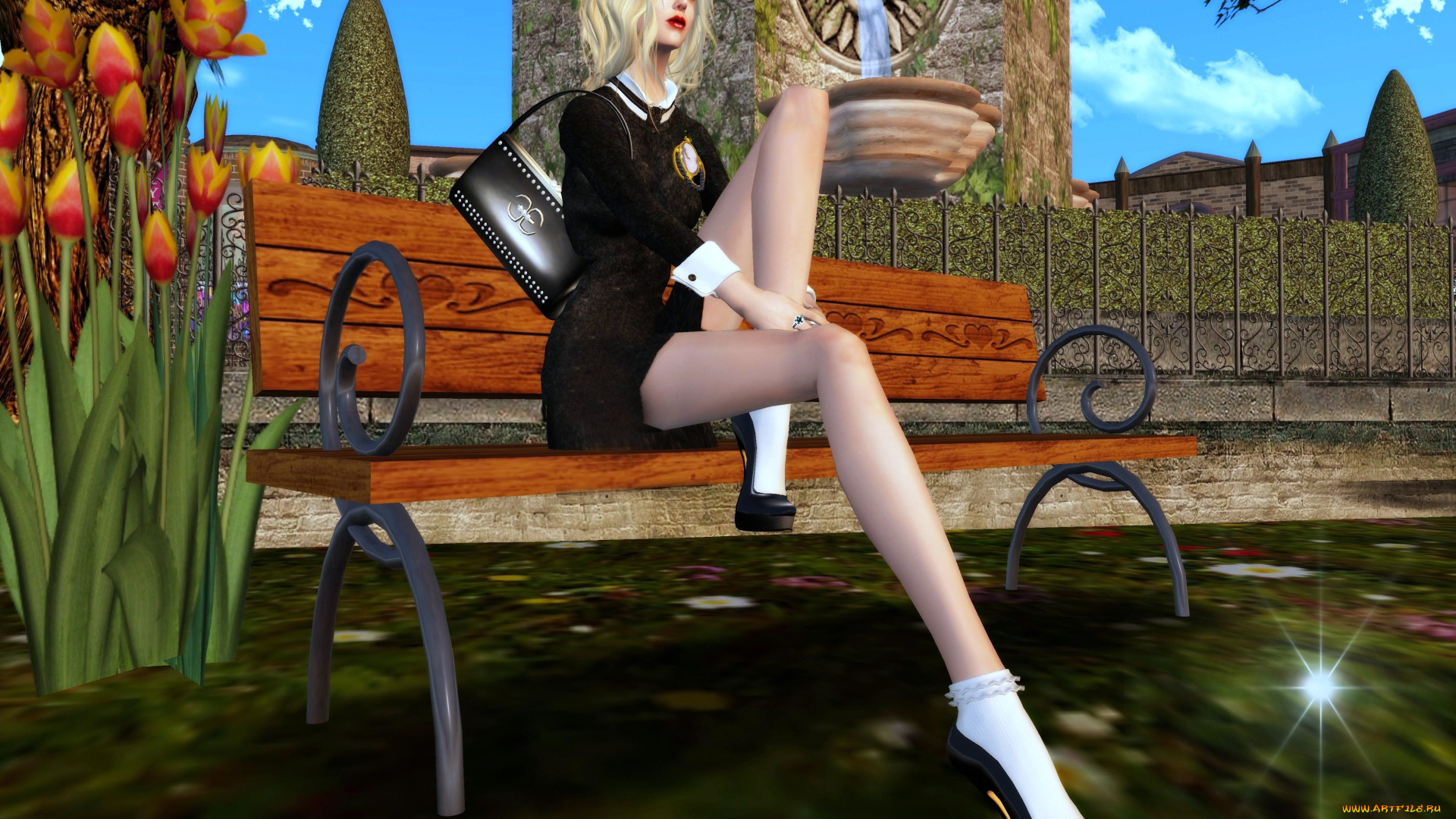 3д, графика, people, люди, сумка, блондинка, ноги, скамейка, тюльпаны