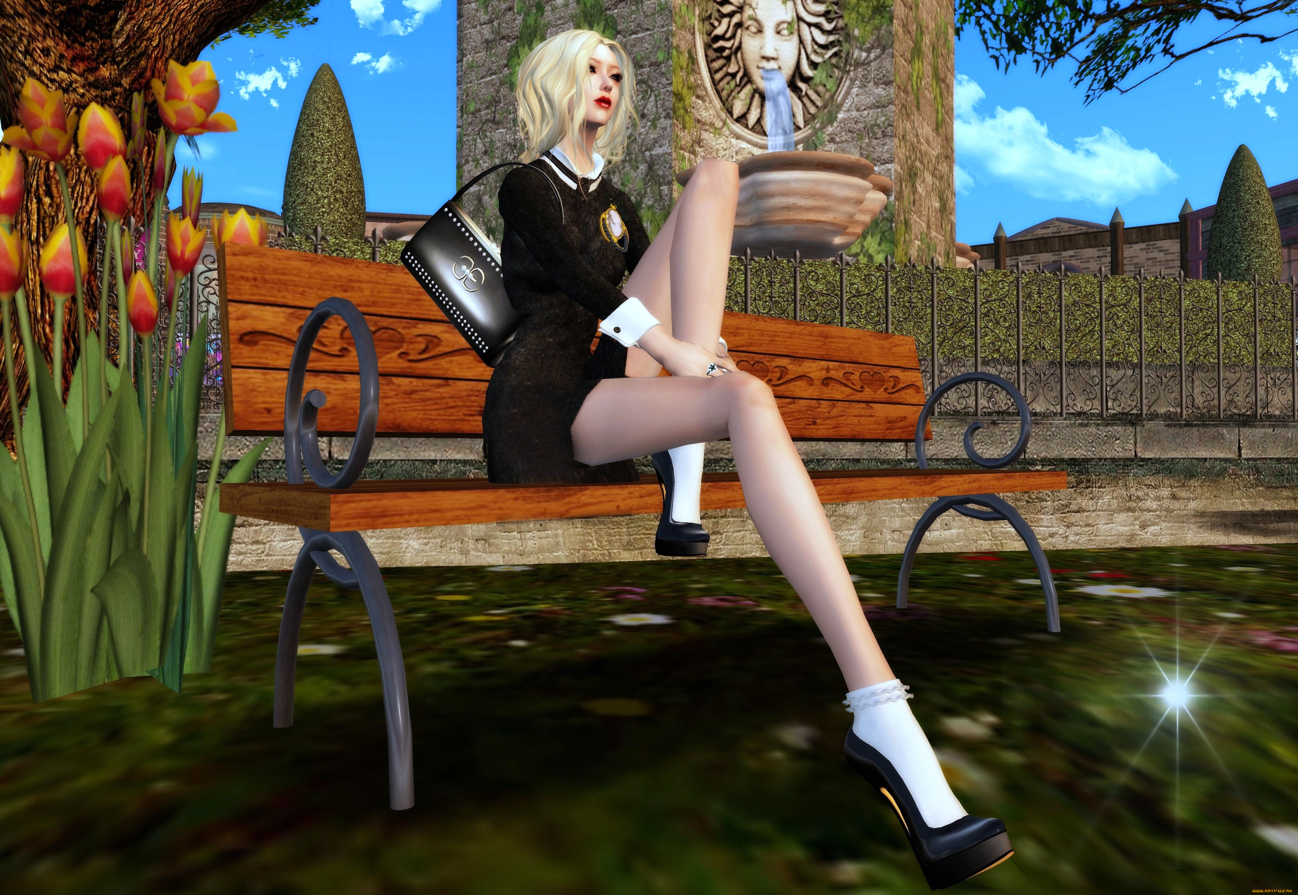 3д, графика, people, люди, сумка, блондинка, ноги, скамейка, тюльпаны