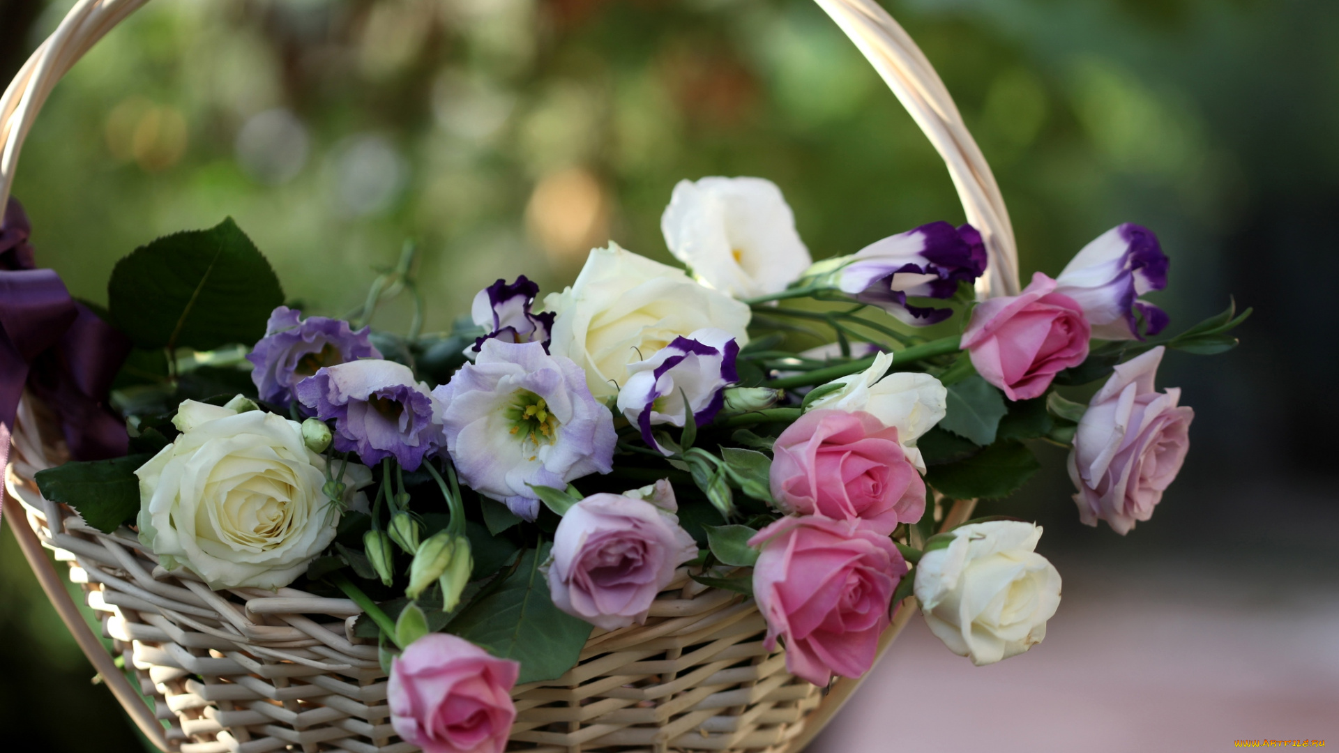 цветы, разные, вместе, корзинка, розы, эустома