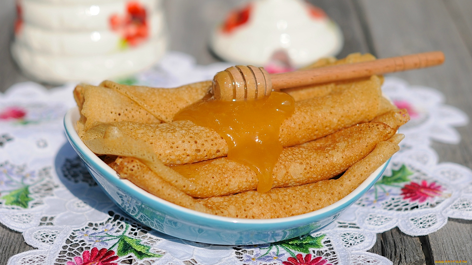 еда, блины, оладьи, мед