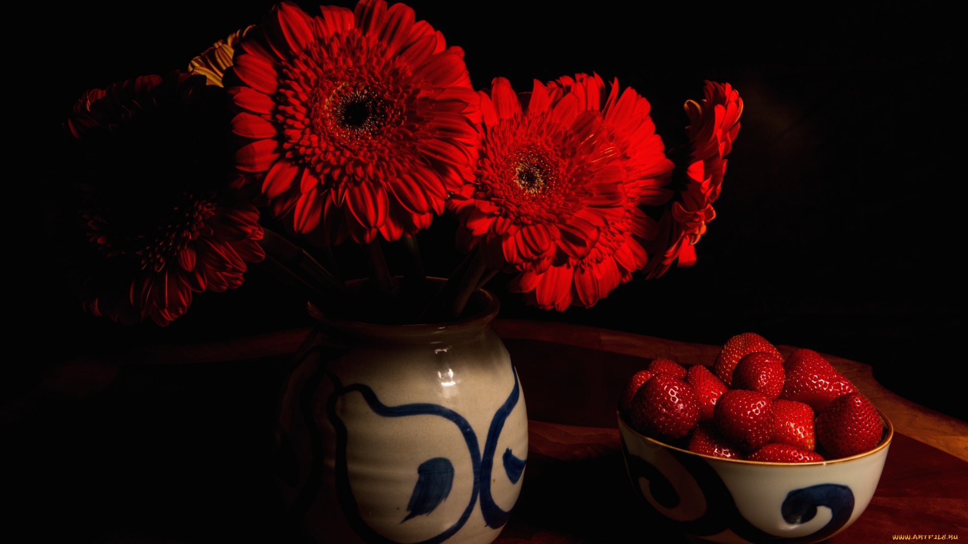 еда, клубника, земляника, красный, ягоды, герберы