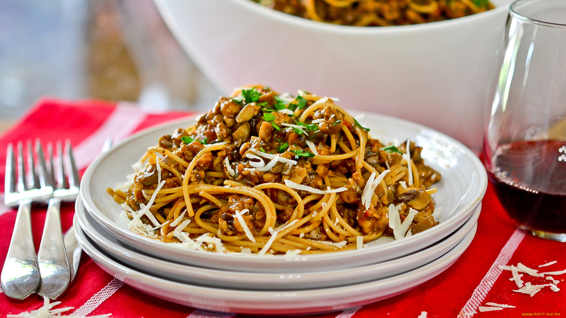 еда, макаронные, блюда, тарелки, вилки, спагетти