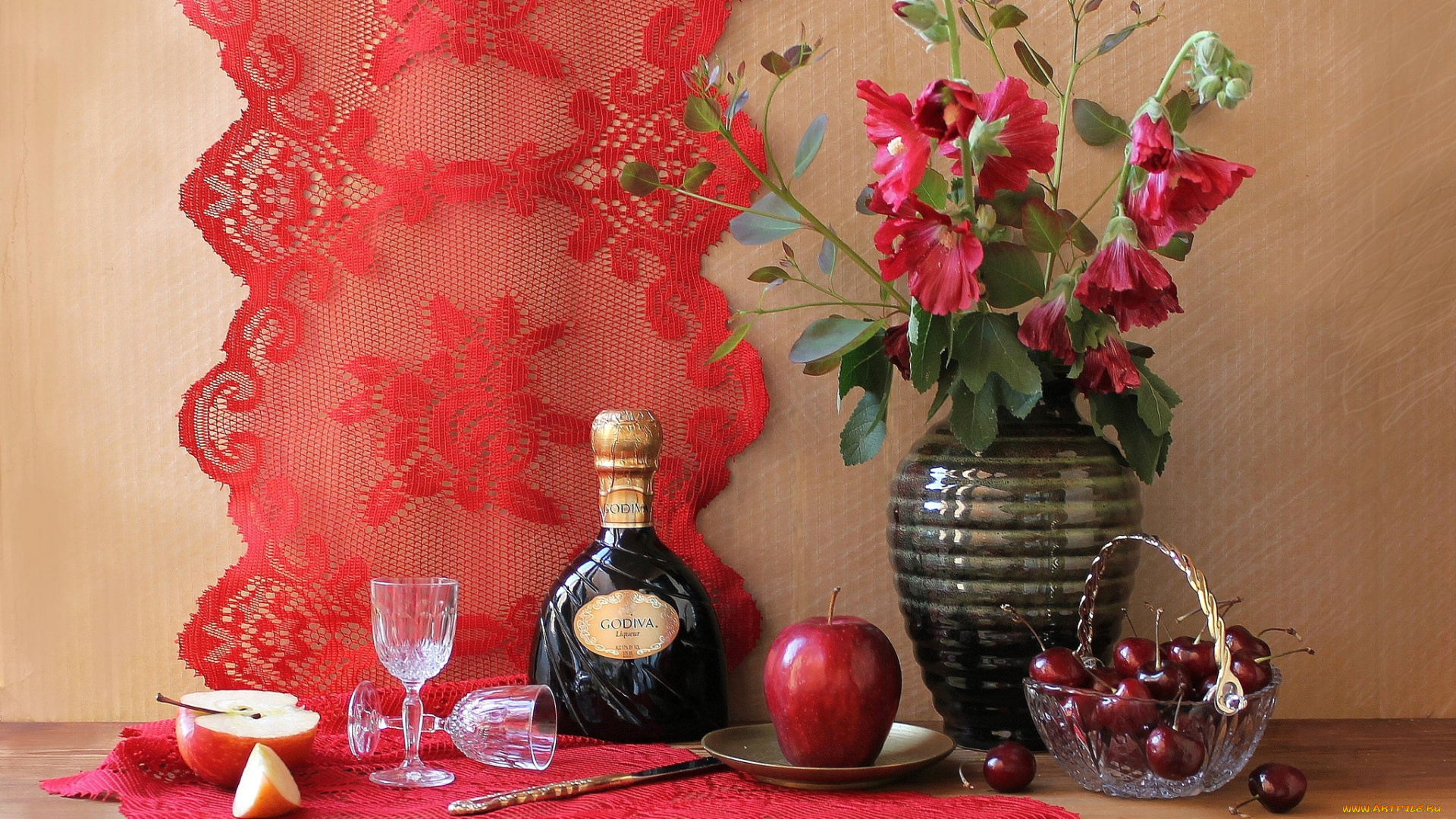 еда, натюрморт, красный, вишни, яблоко, бокалы, мальвы, бутылка