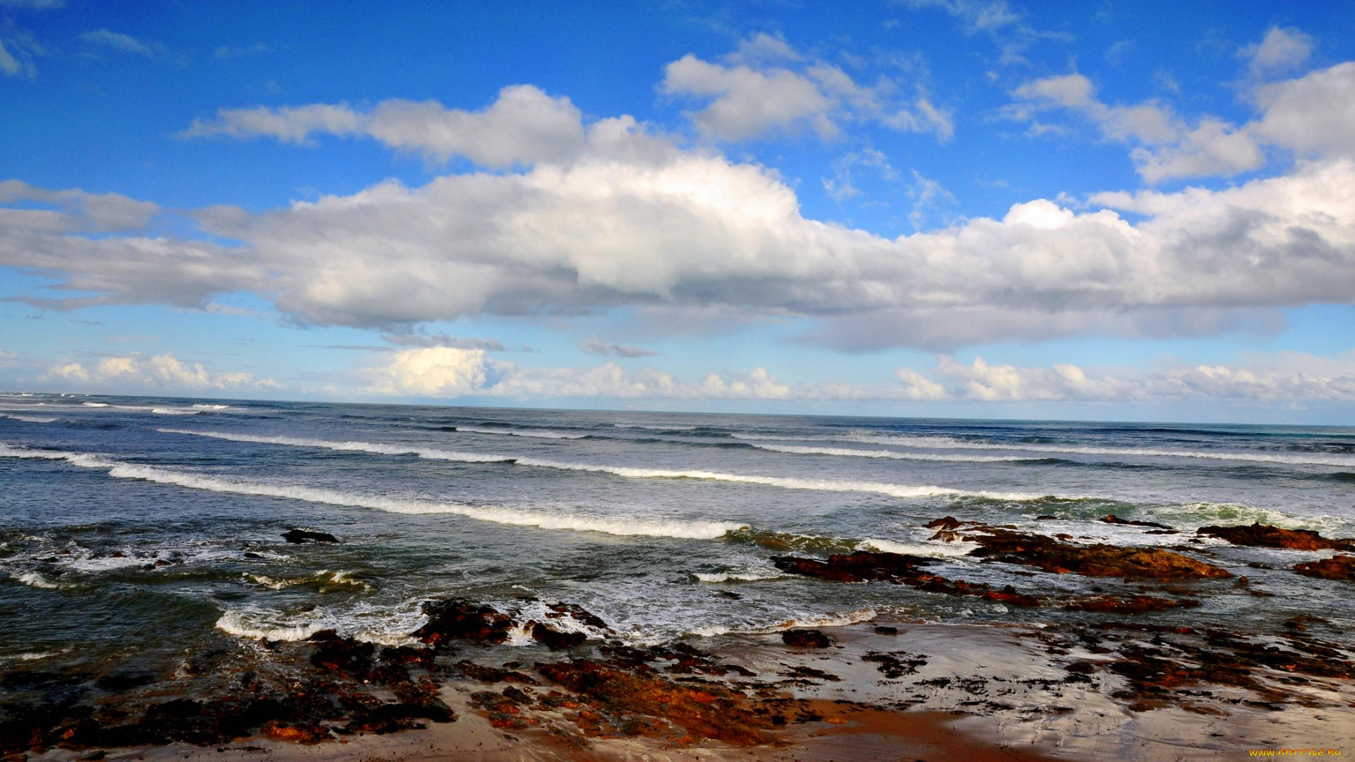 природа, побережье, горизонт, облака, камни, океан, пляж, волны