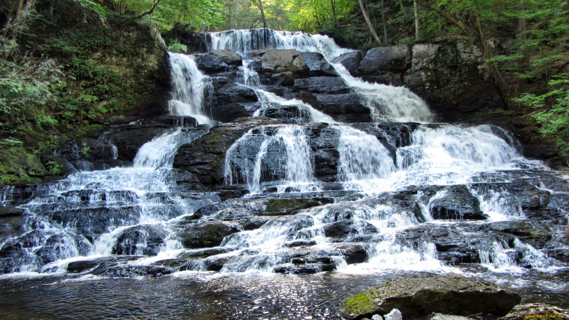 природа, водопады, водопад, камни, лес, река, каскад