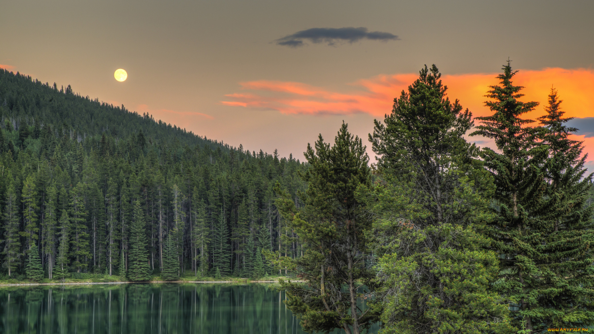 two, jack, lake, banff, national, park, alberta, canada, природа, реки, озера, лес, озеро, канада, альберта, банф, деревья, закат