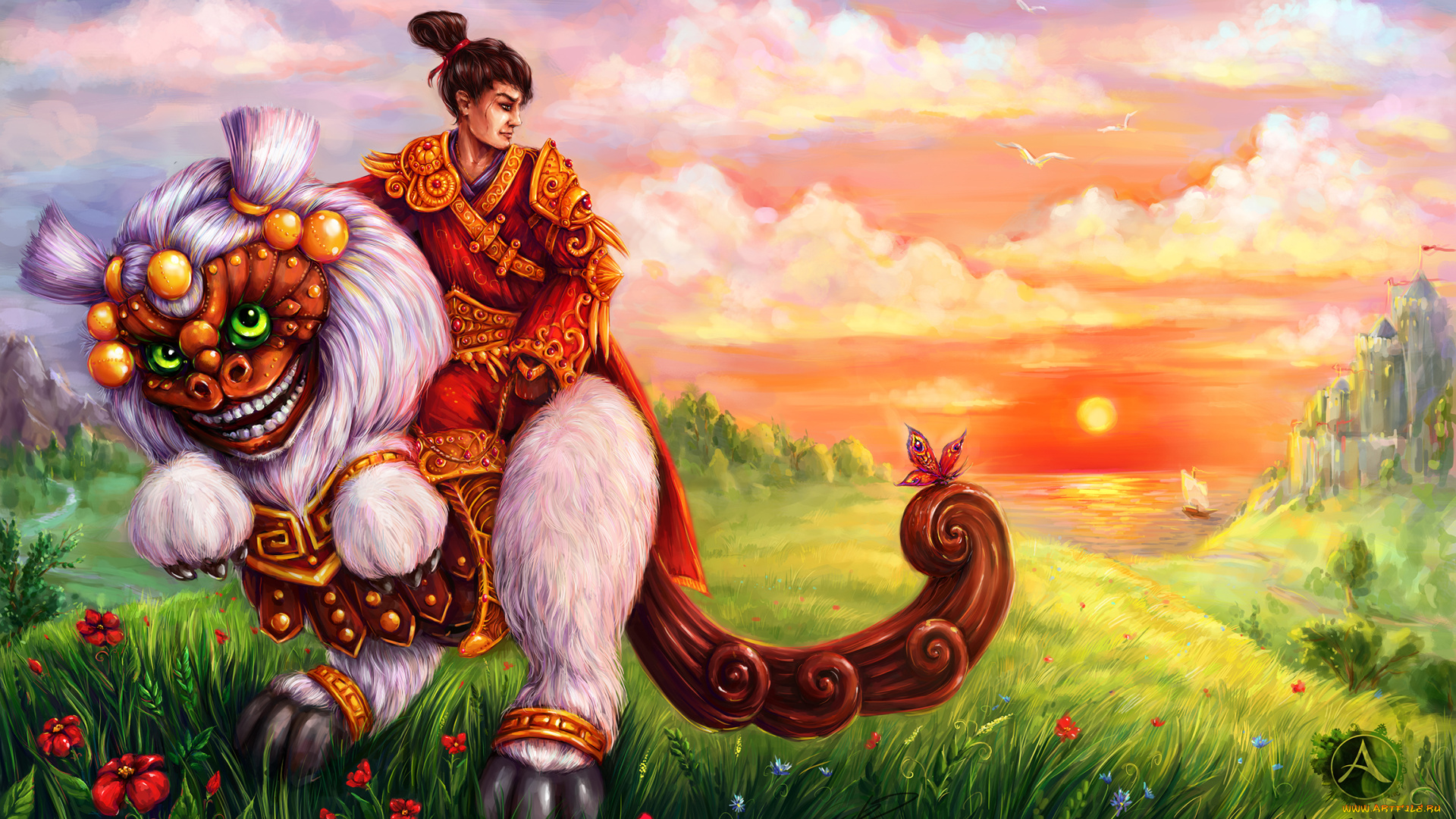 видео, игры, archeage, замок, цветы, парусник, закат, всадник, существо, море